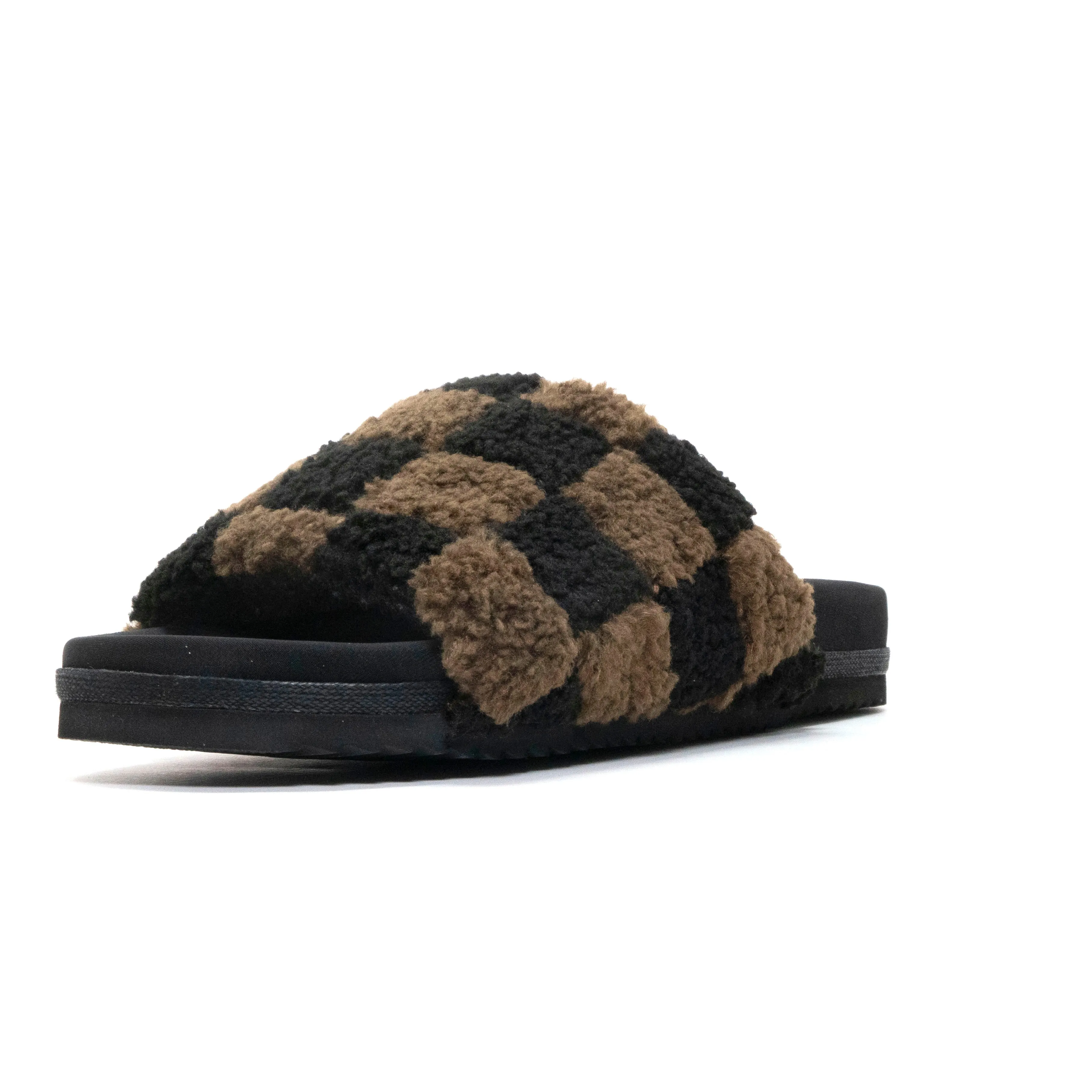 ROAM FUZZY CHECKER SLIDER BLACK & TAUPE FAUX SHEARLING