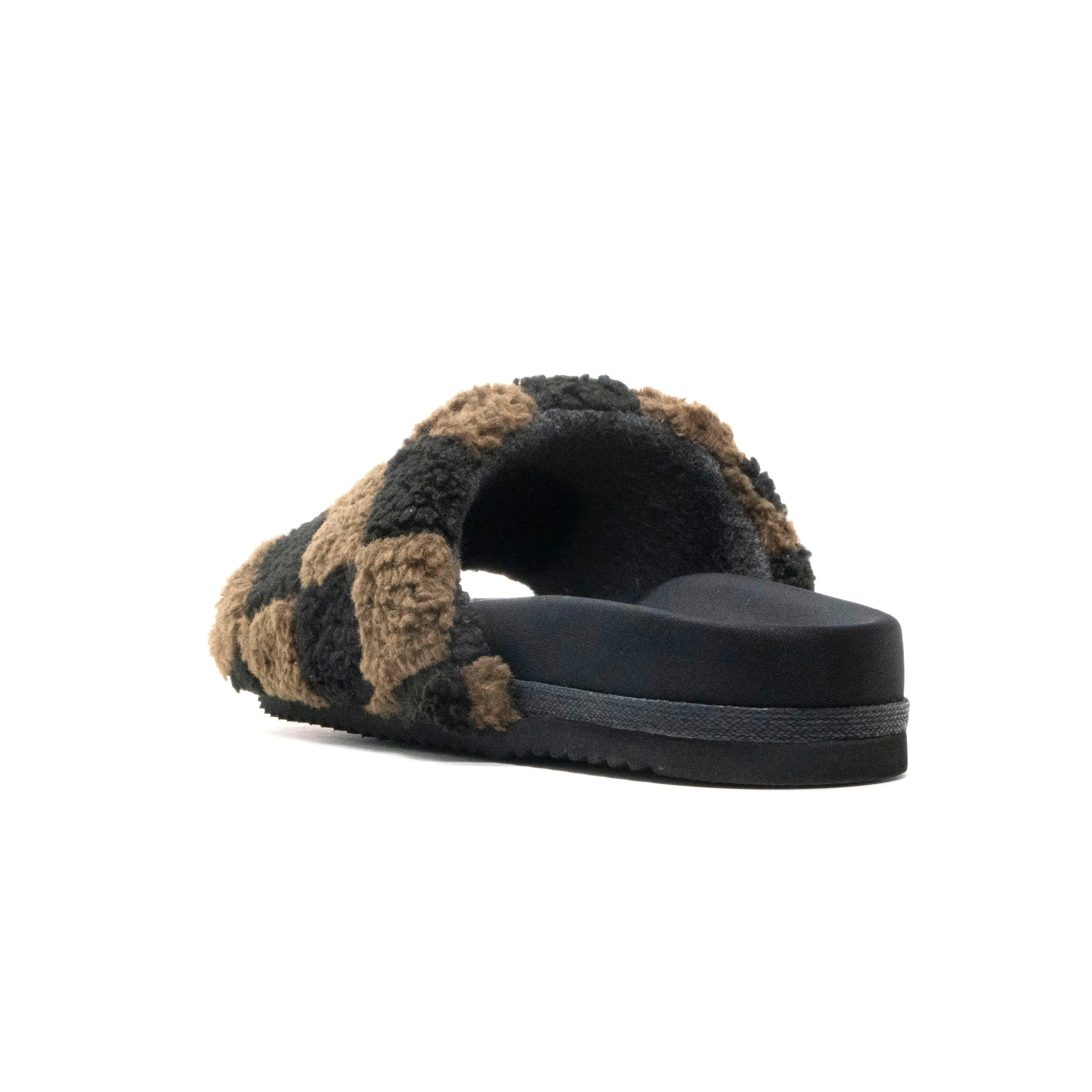 ROAM FUZZY CHECKER SLIDER BLACK & TAUPE FAUX SHEARLING