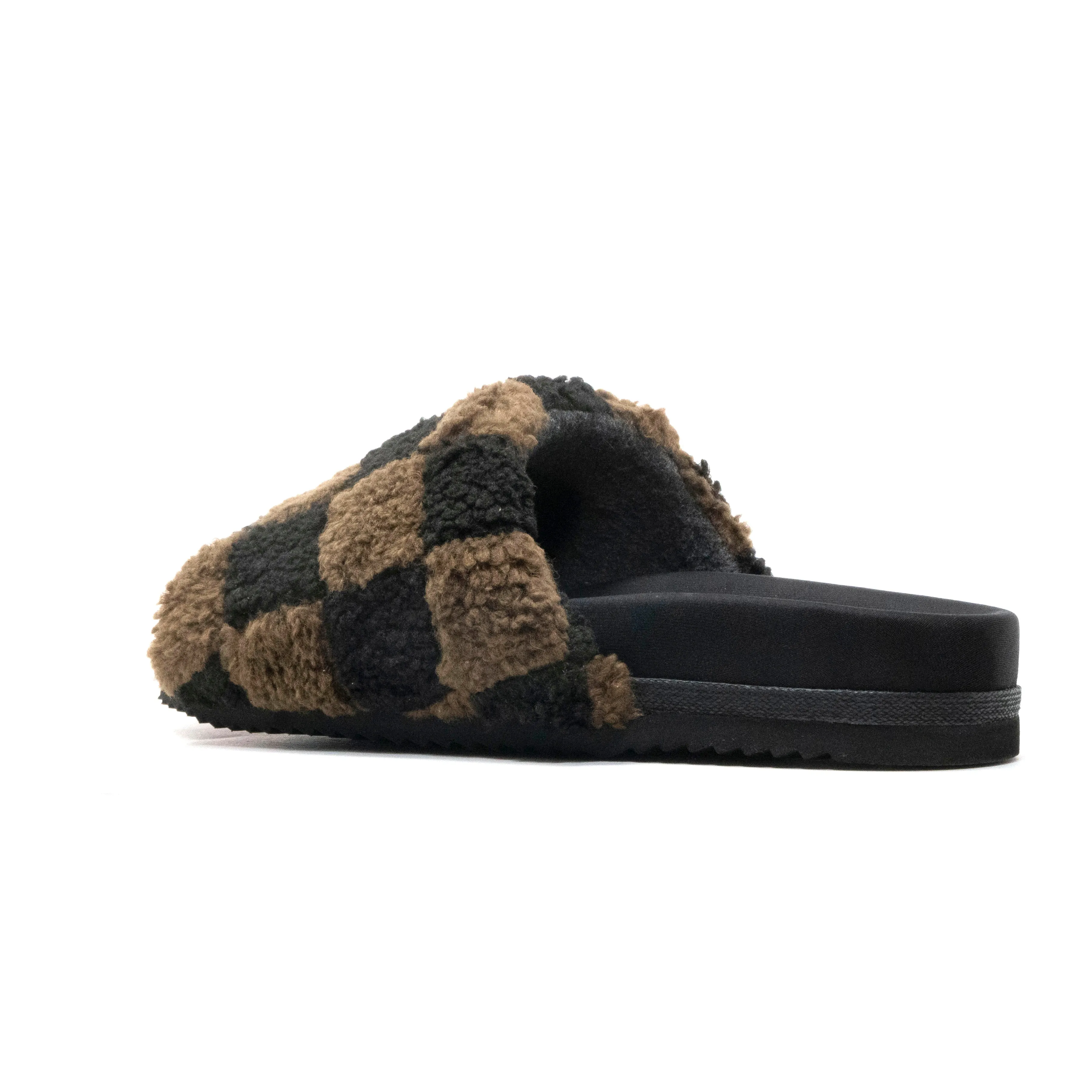 ROAM FUZZY CHECKER SLIDER BLACK & TAUPE FAUX SHEARLING