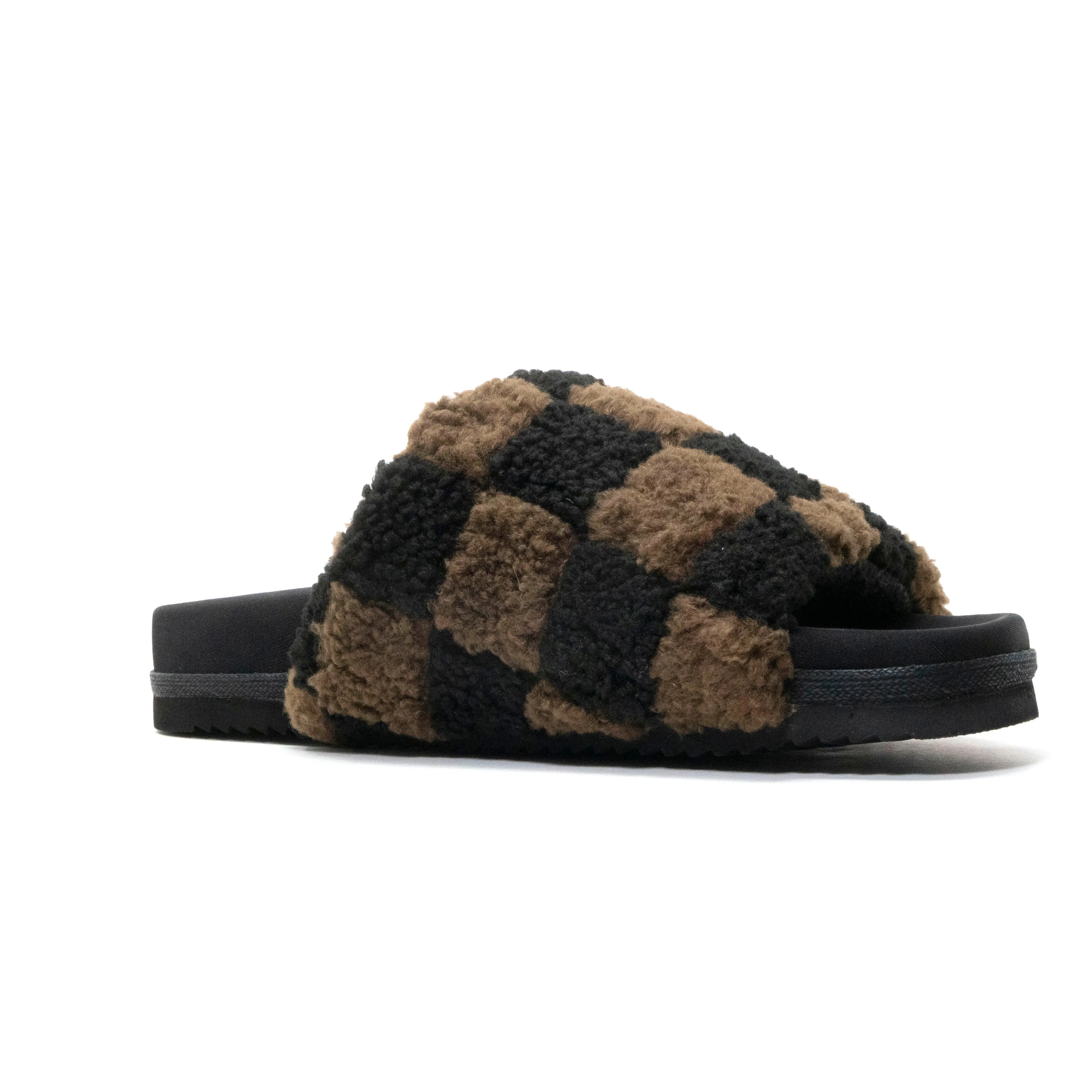 ROAM FUZZY CHECKER SLIDER BLACK & TAUPE FAUX SHEARLING