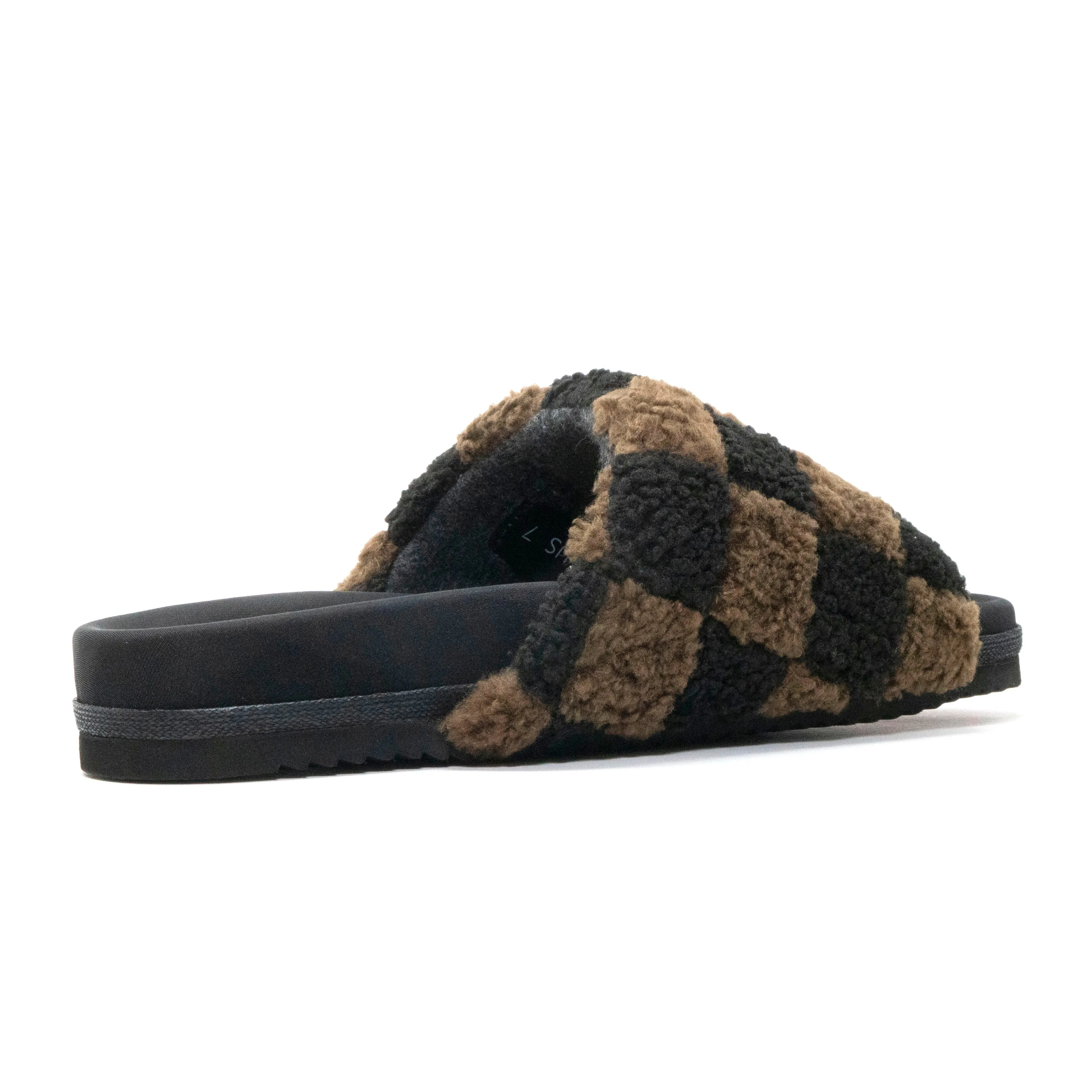 ROAM FUZZY CHECKER SLIDER BLACK & TAUPE FAUX SHEARLING