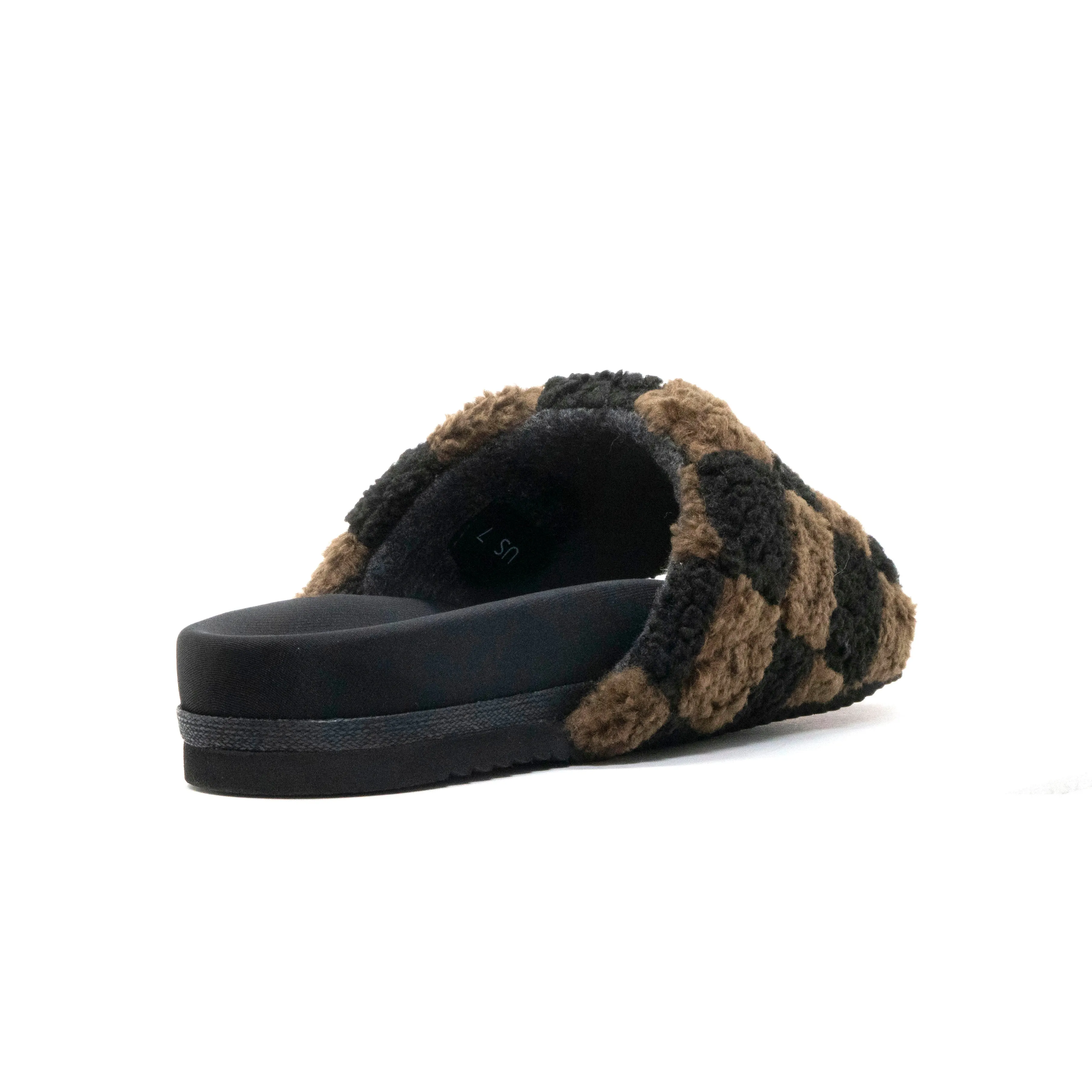 ROAM FUZZY CHECKER SLIDER BLACK & TAUPE FAUX SHEARLING