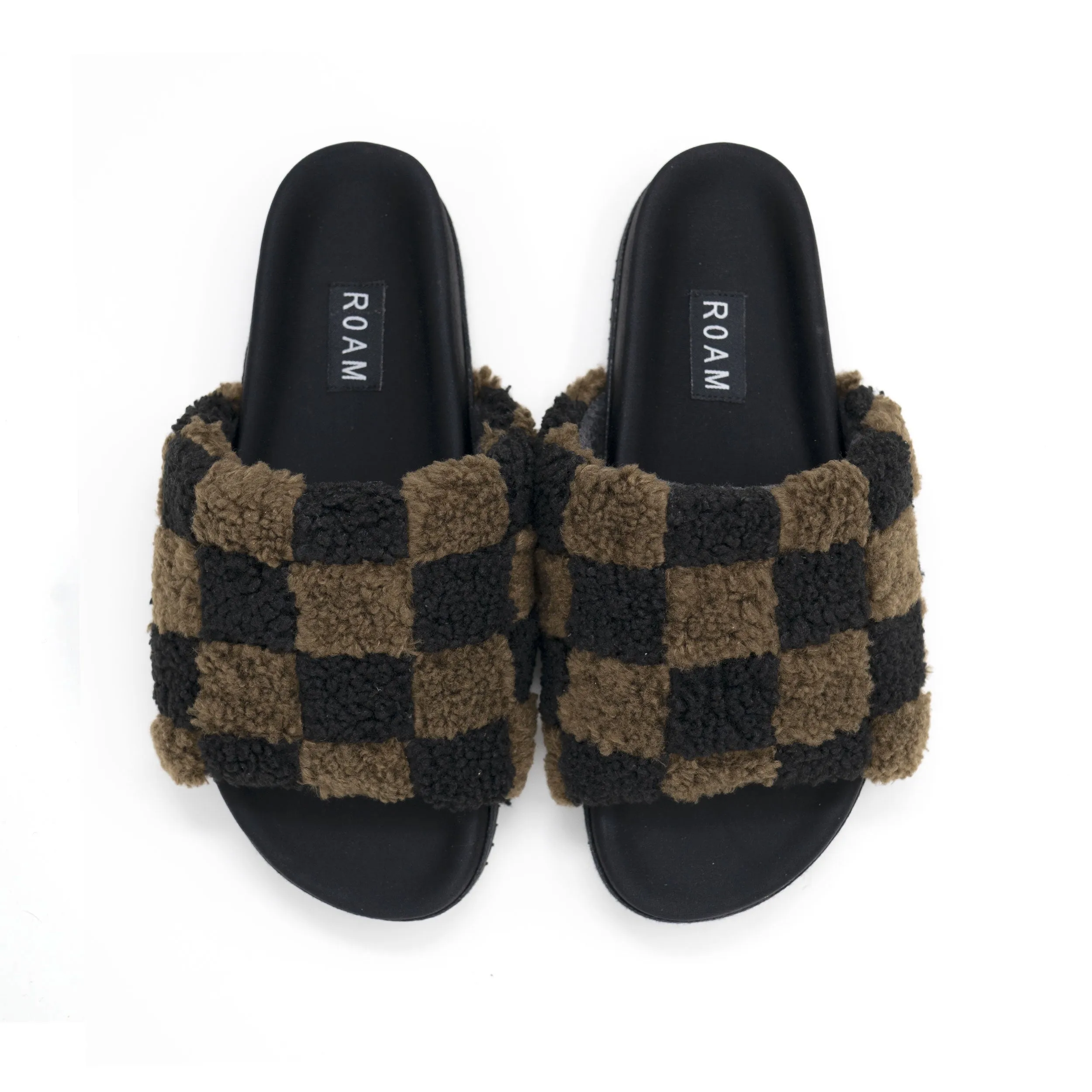 ROAM FUZZY CHECKER SLIDER BLACK & TAUPE FAUX SHEARLING
