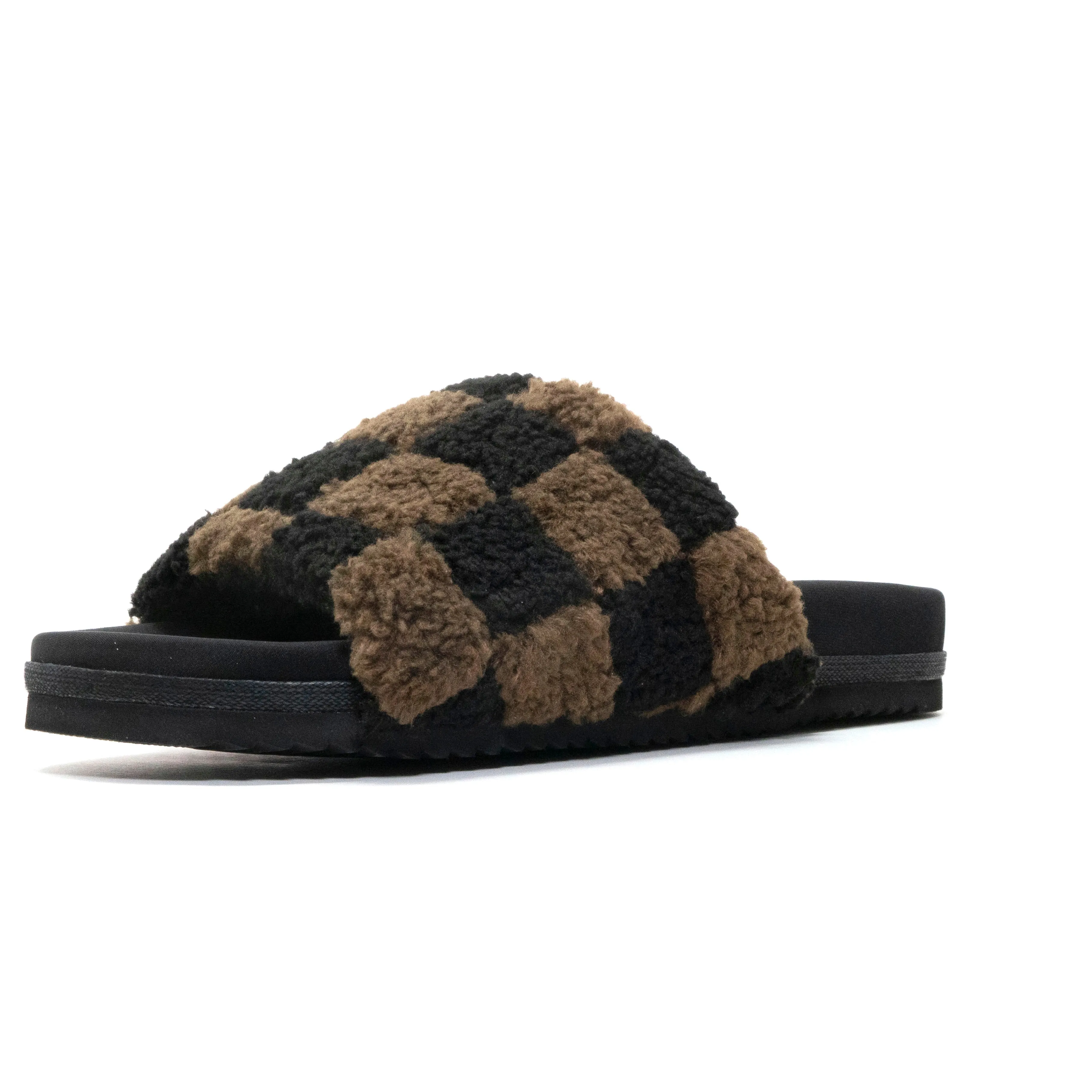 ROAM FUZZY CHECKER SLIDER BLACK & TAUPE FAUX SHEARLING