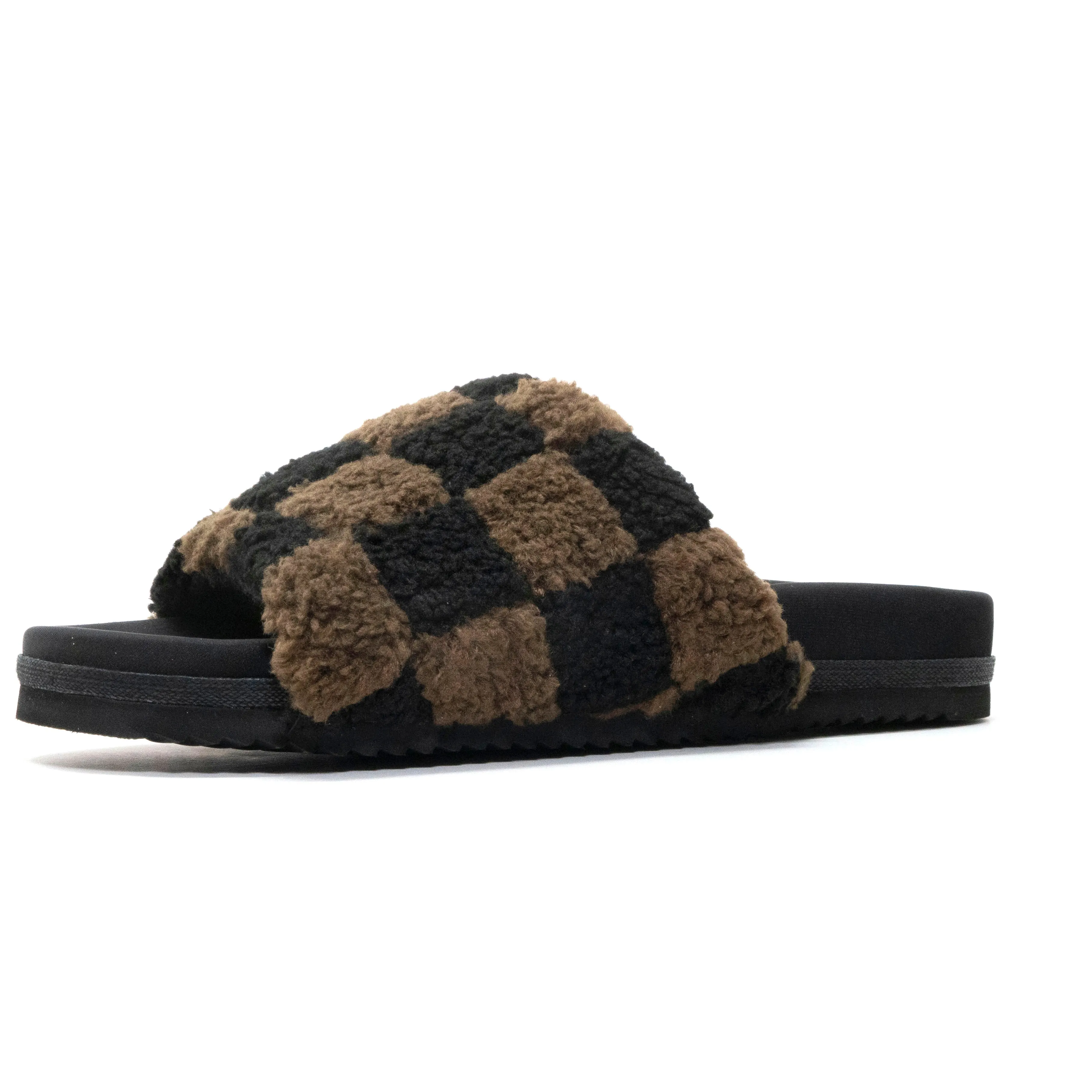 ROAM FUZZY CHECKER SLIDER BLACK & TAUPE FAUX SHEARLING
