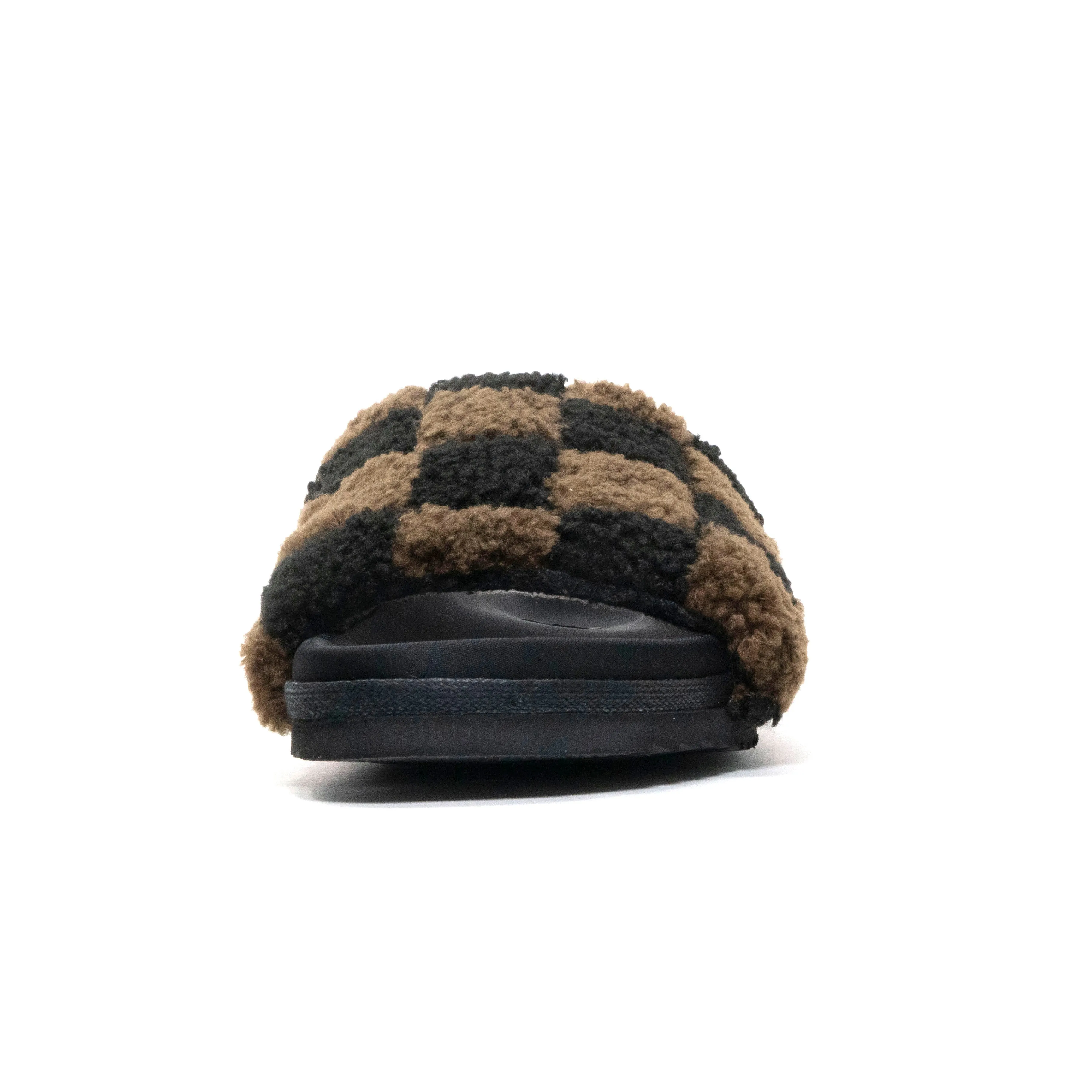 ROAM FUZZY CHECKER SLIDER BLACK & TAUPE FAUX SHEARLING