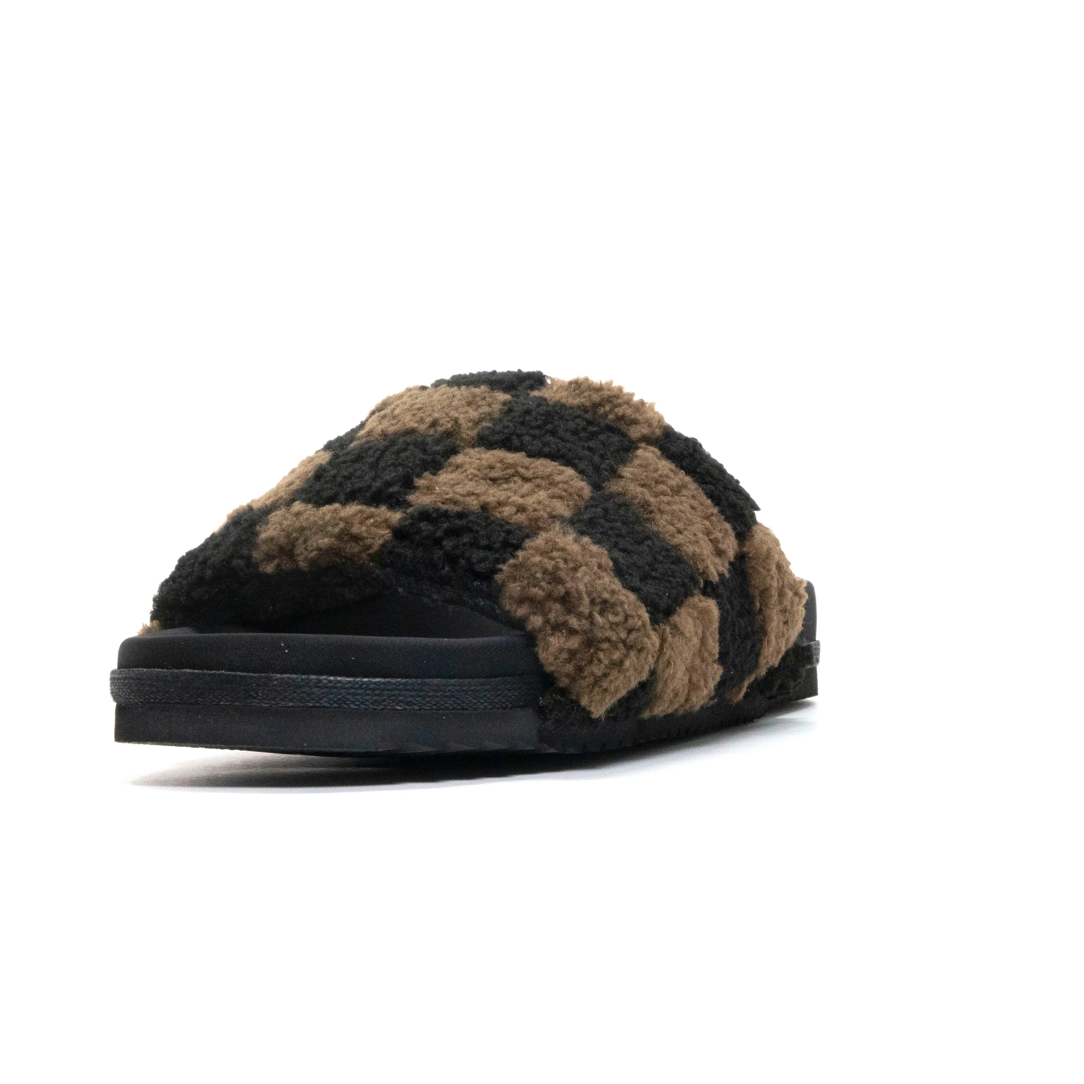 ROAM FUZZY CHECKER SLIDER BLACK & TAUPE FAUX SHEARLING