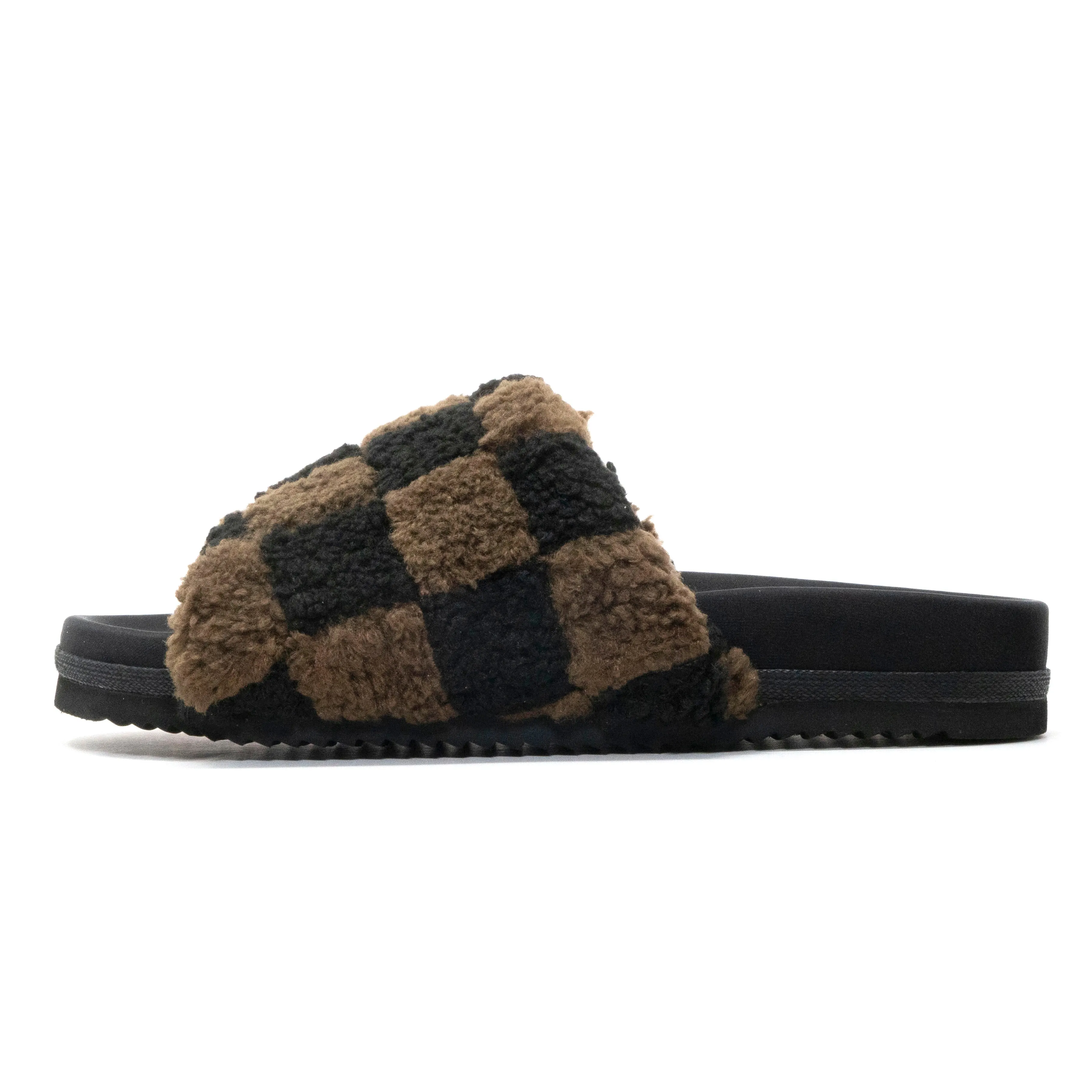 ROAM FUZZY CHECKER SLIDER BLACK & TAUPE FAUX SHEARLING