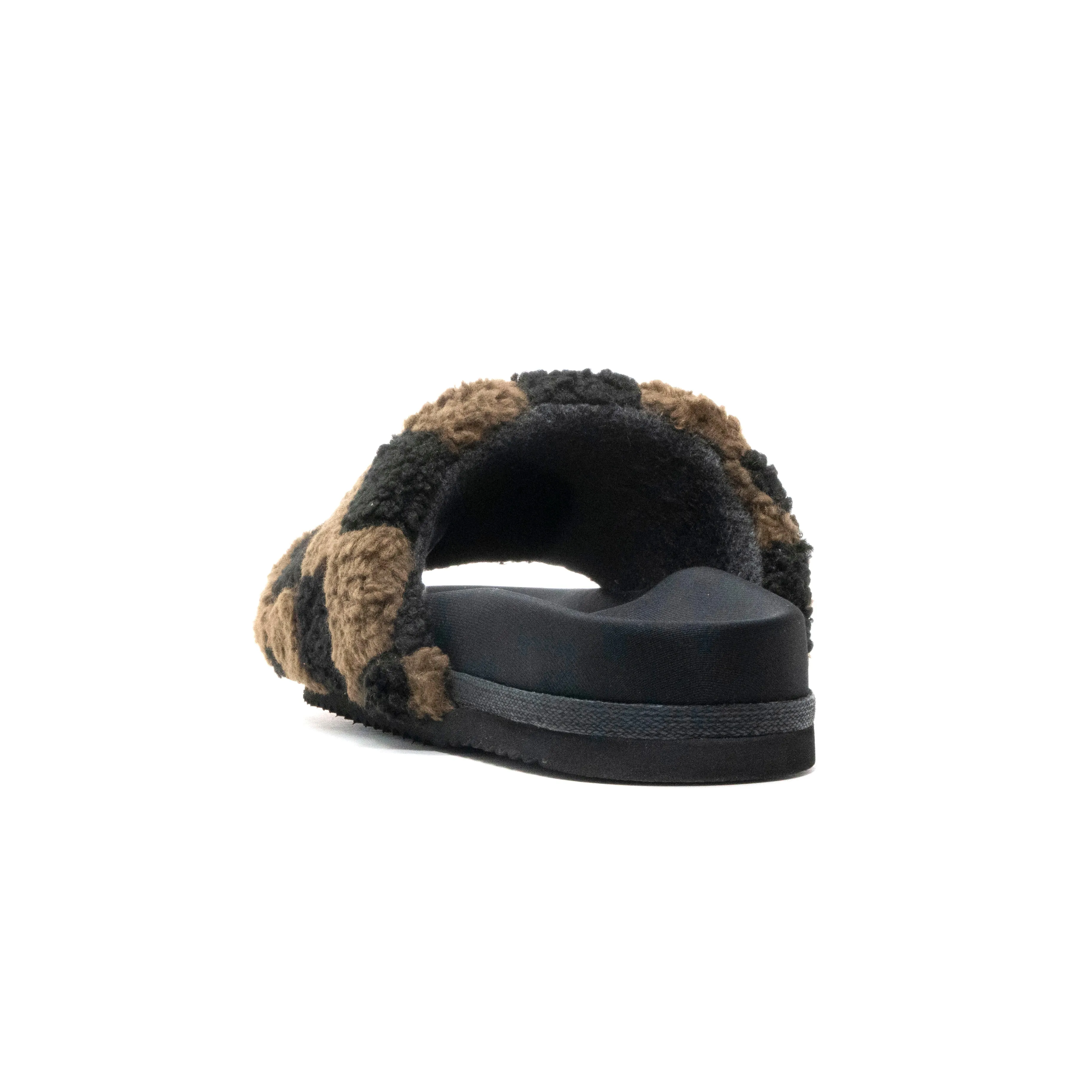 ROAM FUZZY CHECKER SLIDER BLACK & TAUPE FAUX SHEARLING