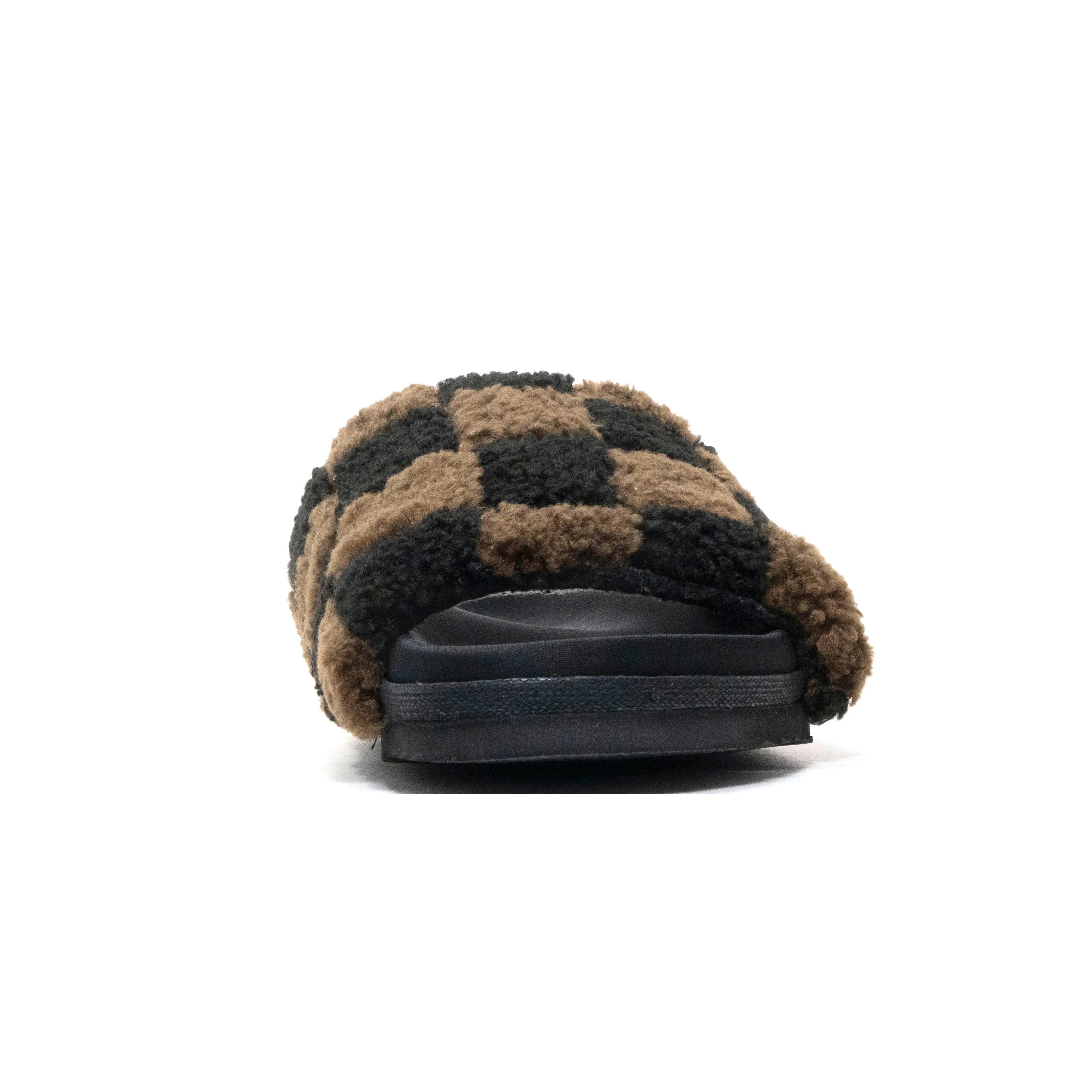 ROAM FUZZY CHECKER SLIDER BLACK & TAUPE FAUX SHEARLING
