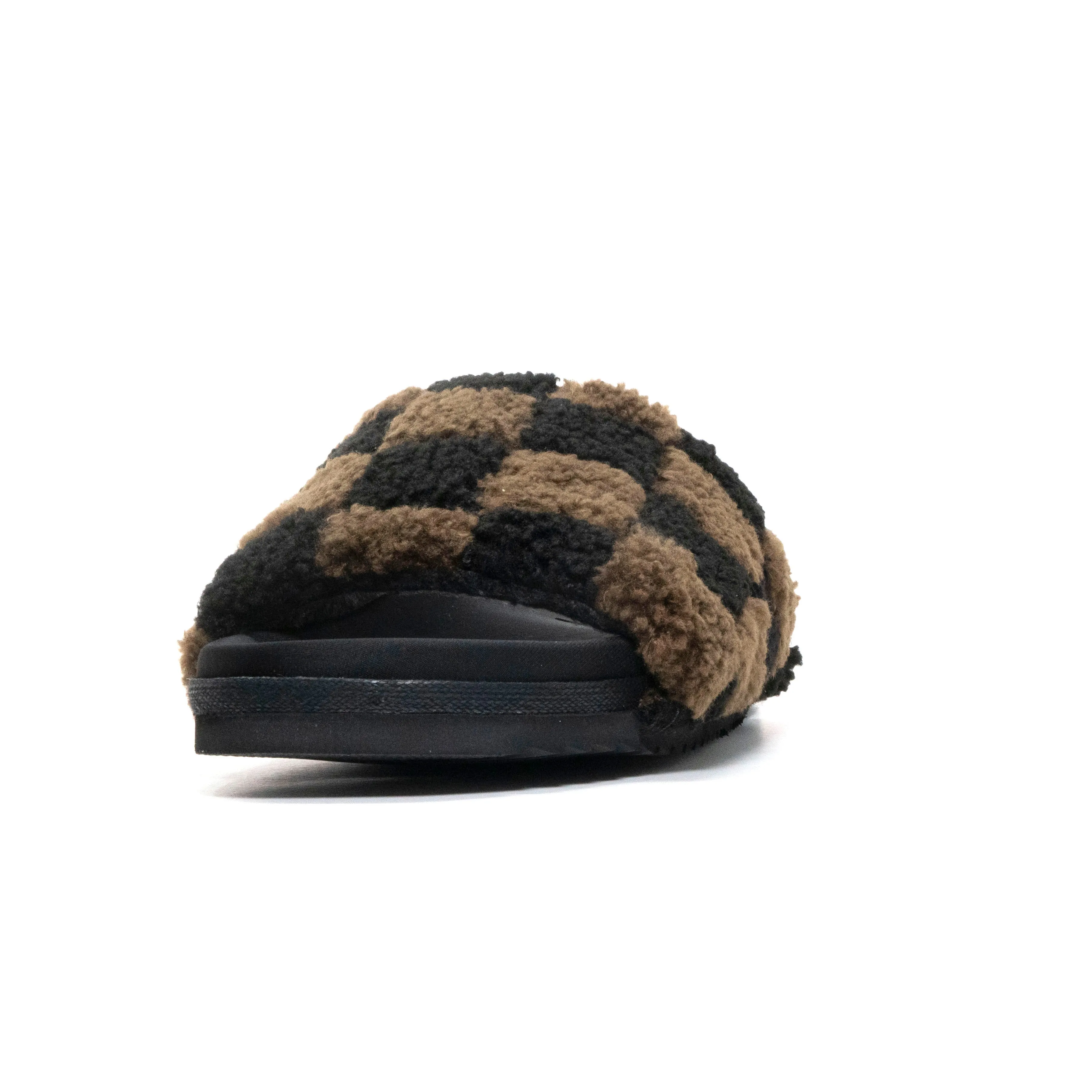 ROAM FUZZY CHECKER SLIDER BLACK & TAUPE FAUX SHEARLING