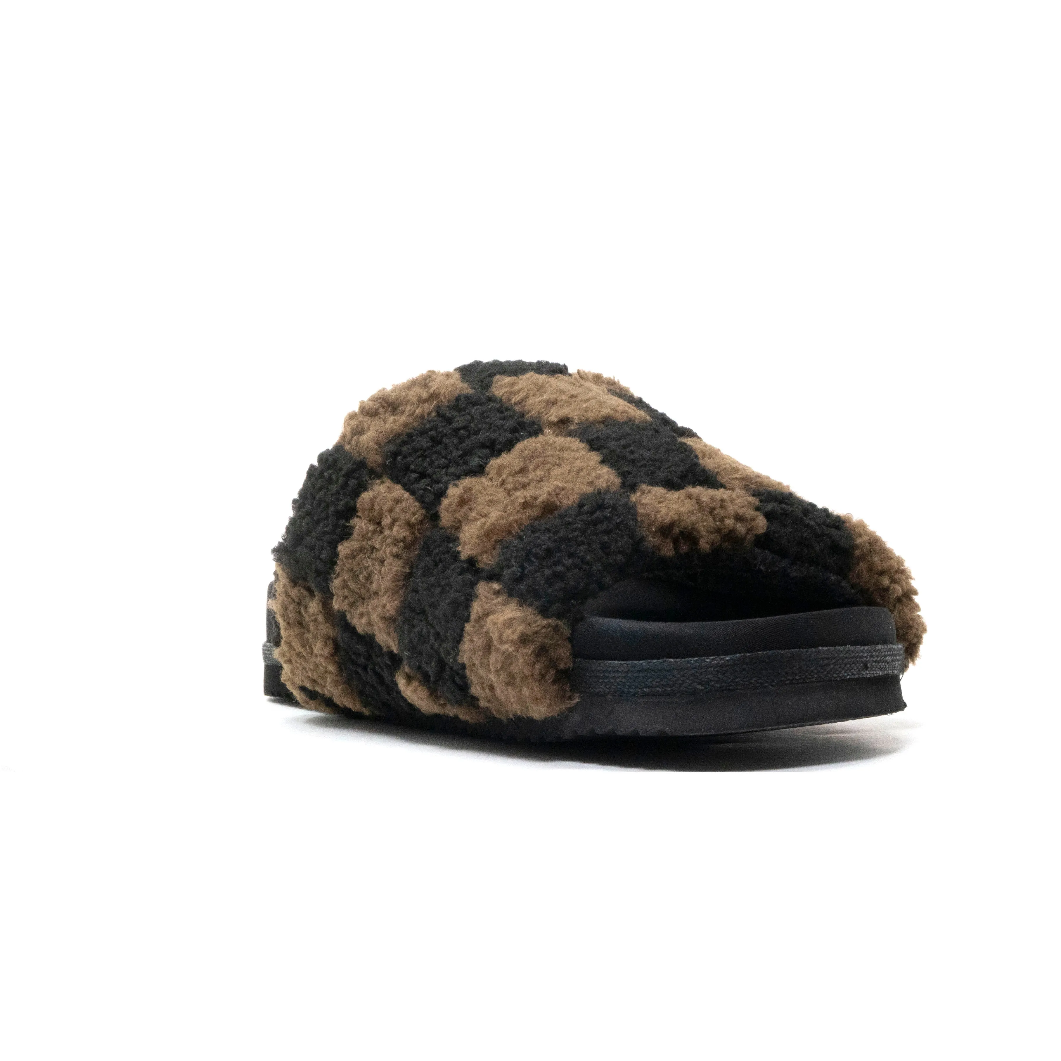 ROAM FUZZY CHECKER SLIDER BLACK & TAUPE FAUX SHEARLING