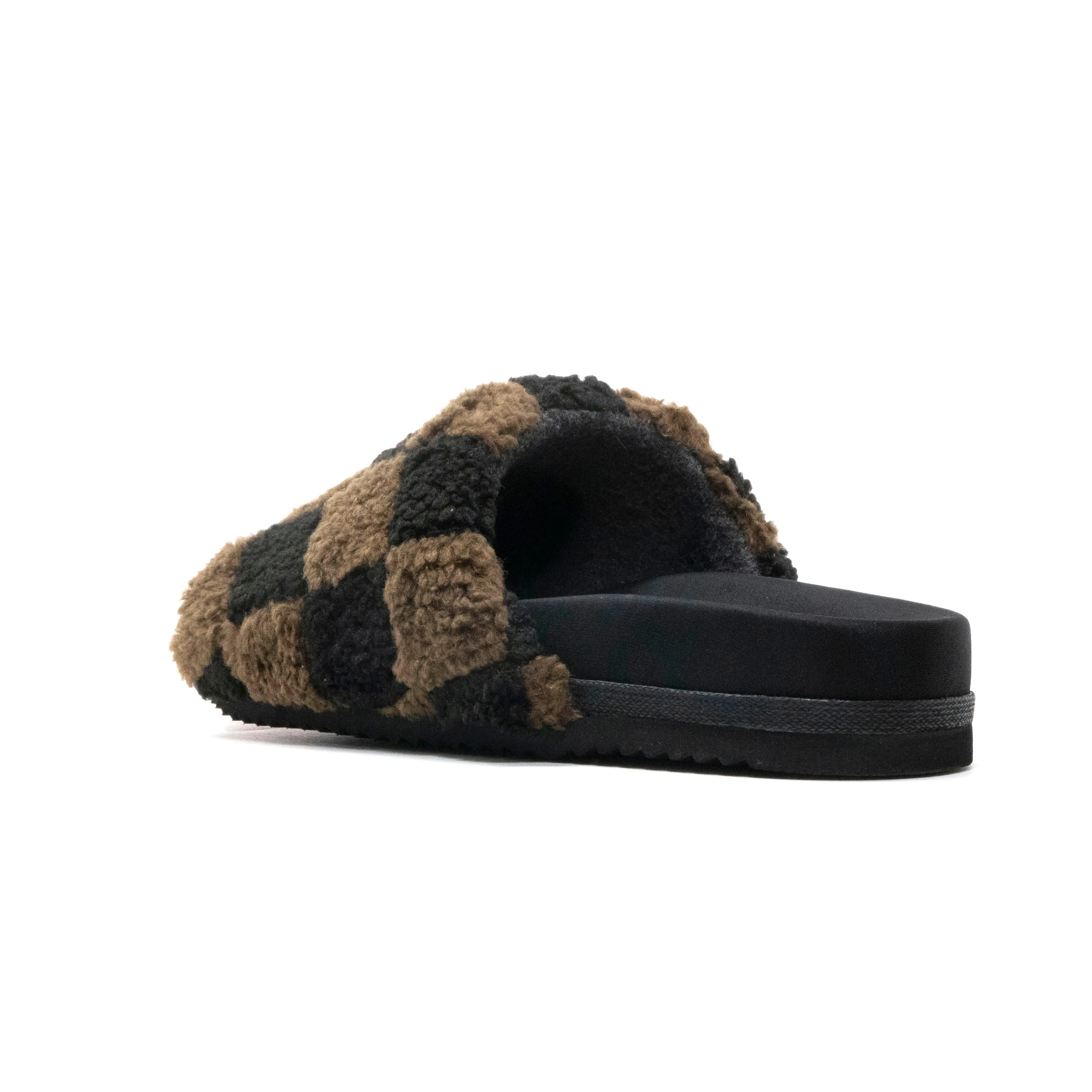 ROAM FUZZY CHECKER SLIDER BLACK & TAUPE FAUX SHEARLING