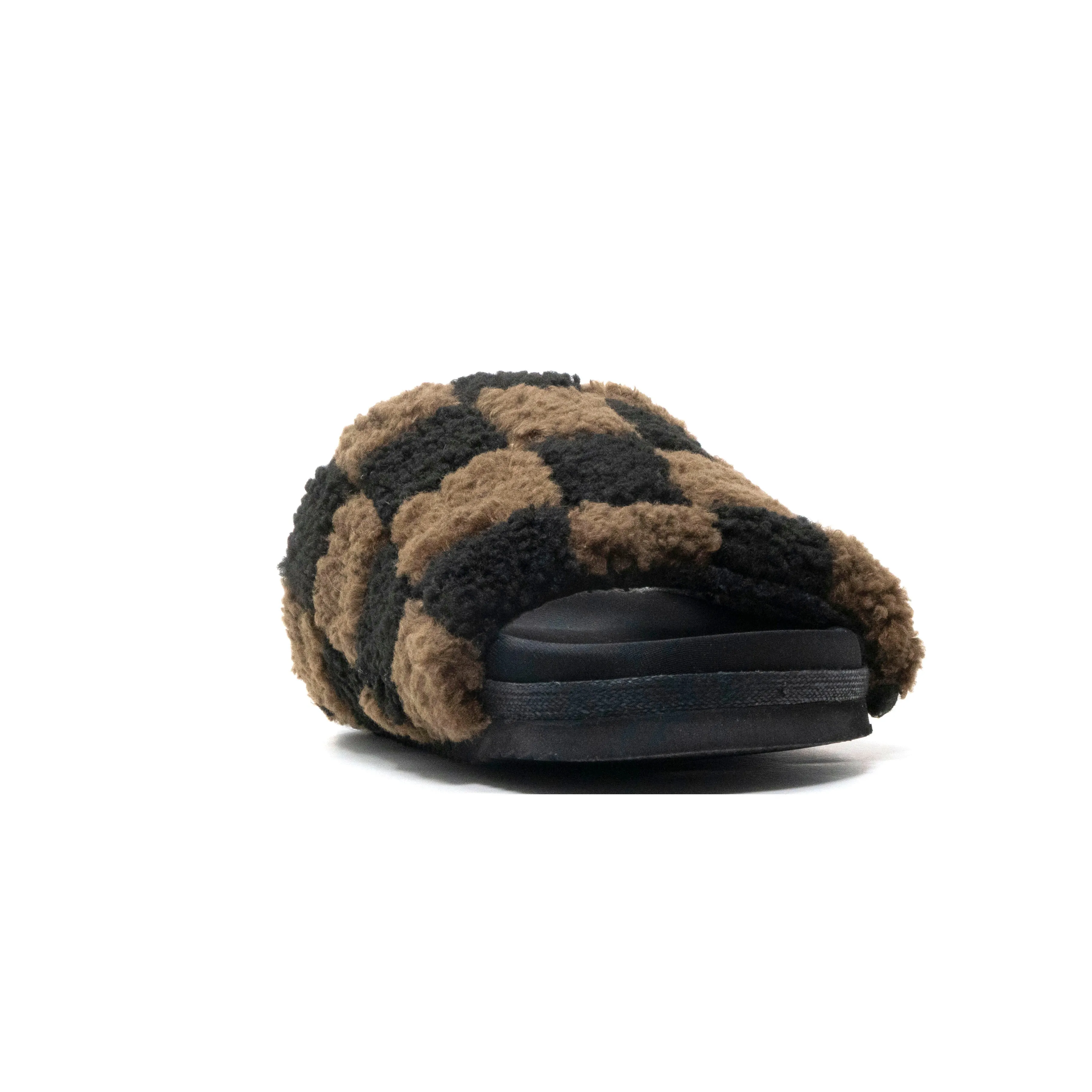 ROAM FUZZY CHECKER SLIDER BLACK & TAUPE FAUX SHEARLING