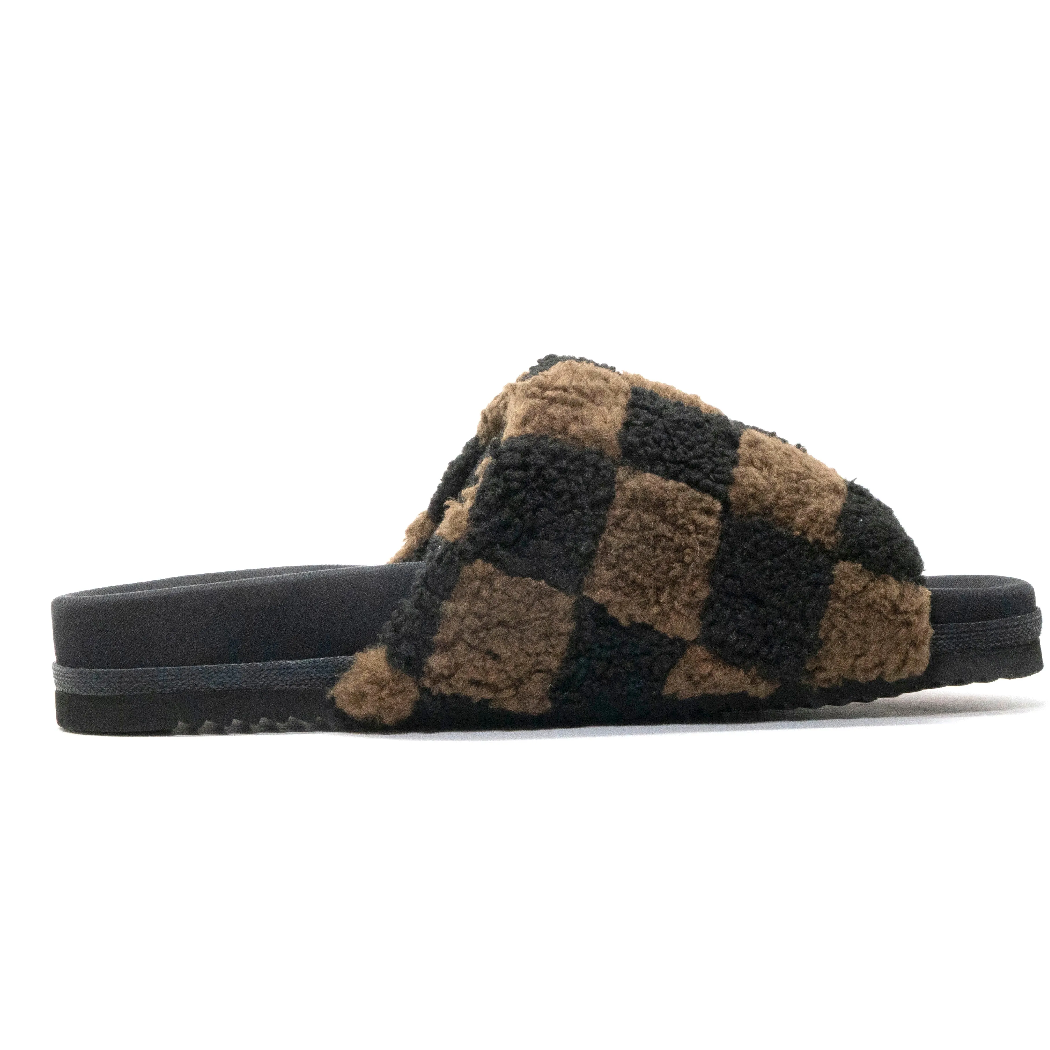 ROAM FUZZY CHECKER SLIDER BLACK & TAUPE FAUX SHEARLING