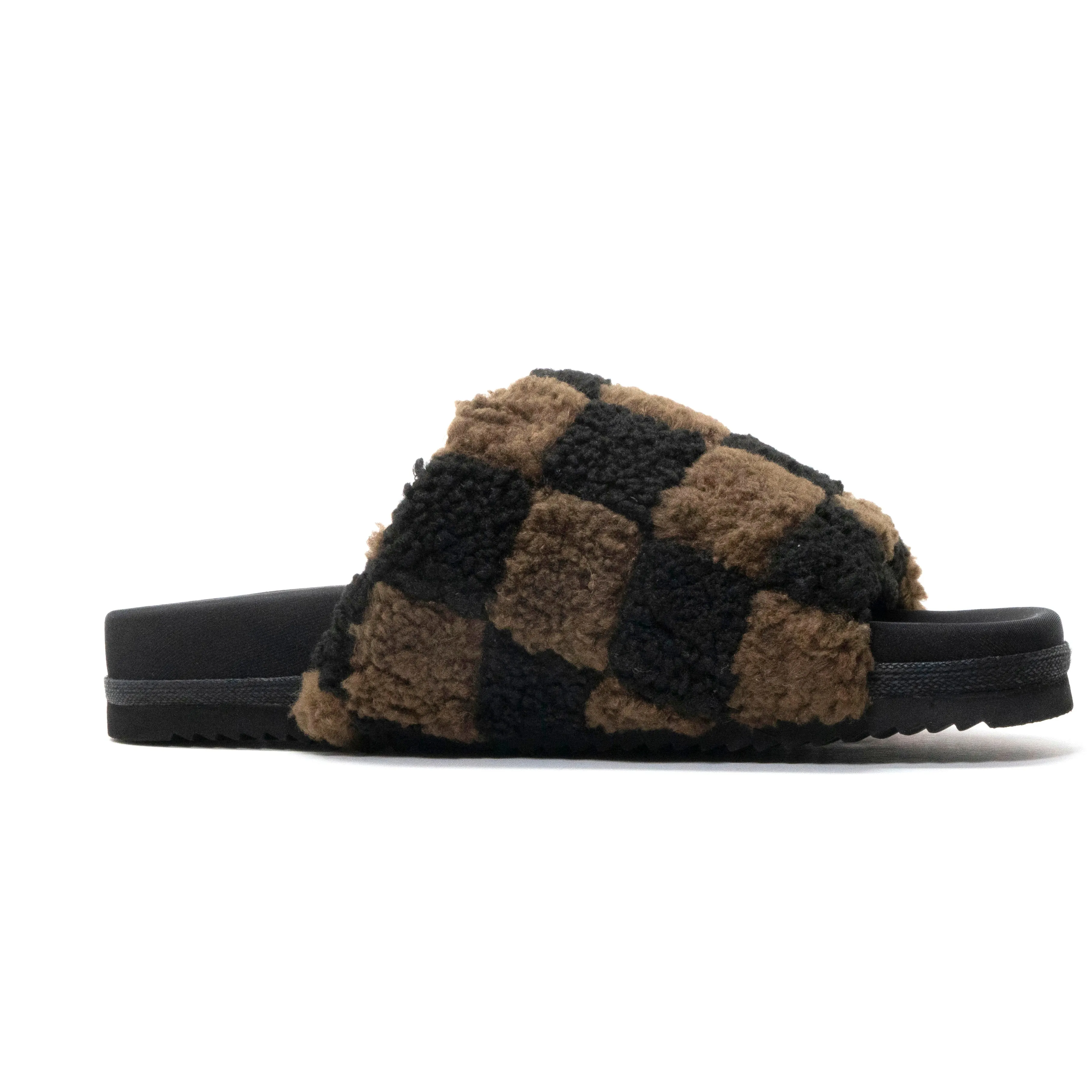 ROAM FUZZY CHECKER SLIDER BLACK & TAUPE FAUX SHEARLING
