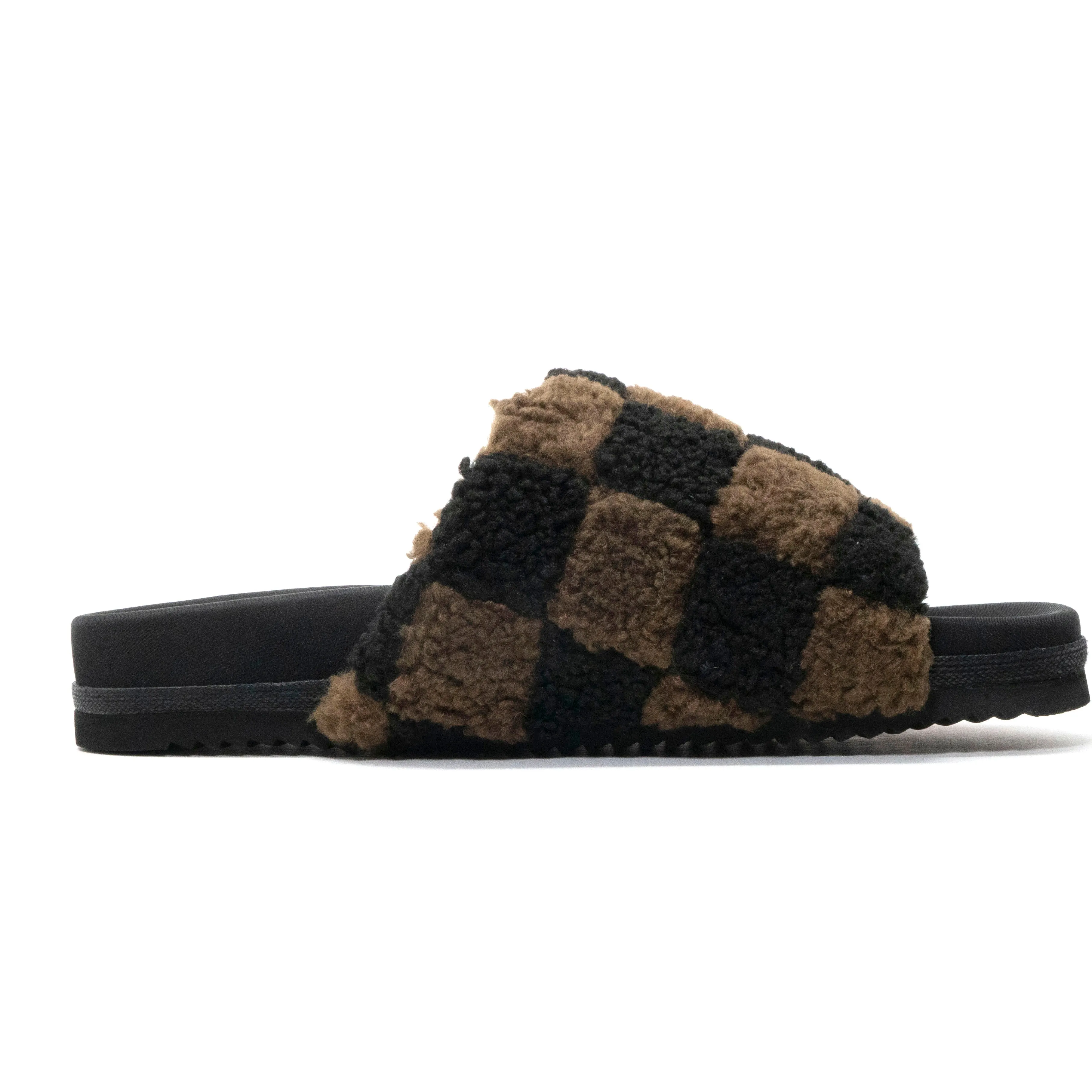 ROAM FUZZY CHECKER SLIDER BLACK & TAUPE FAUX SHEARLING
