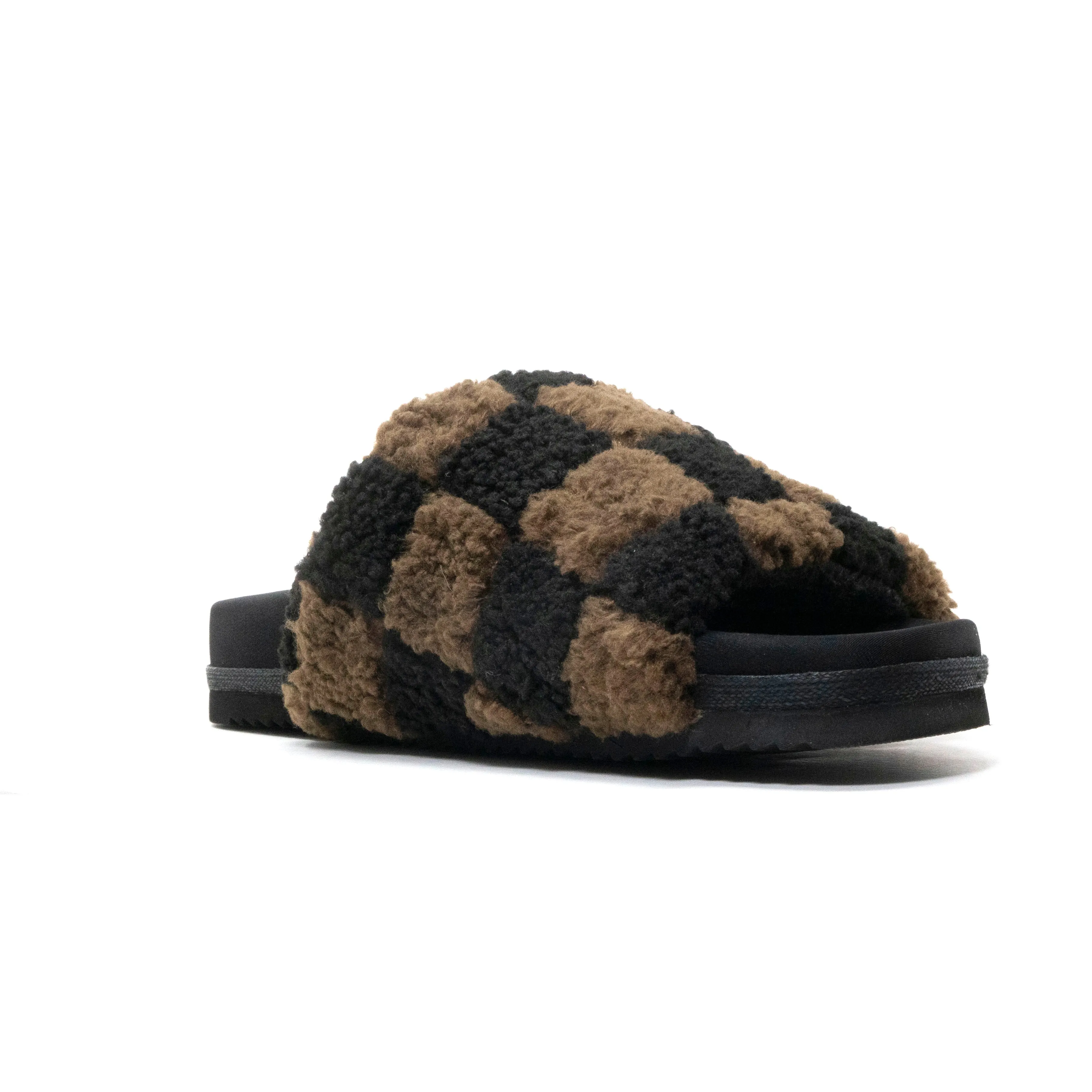 ROAM FUZZY CHECKER SLIDER BLACK & TAUPE FAUX SHEARLING