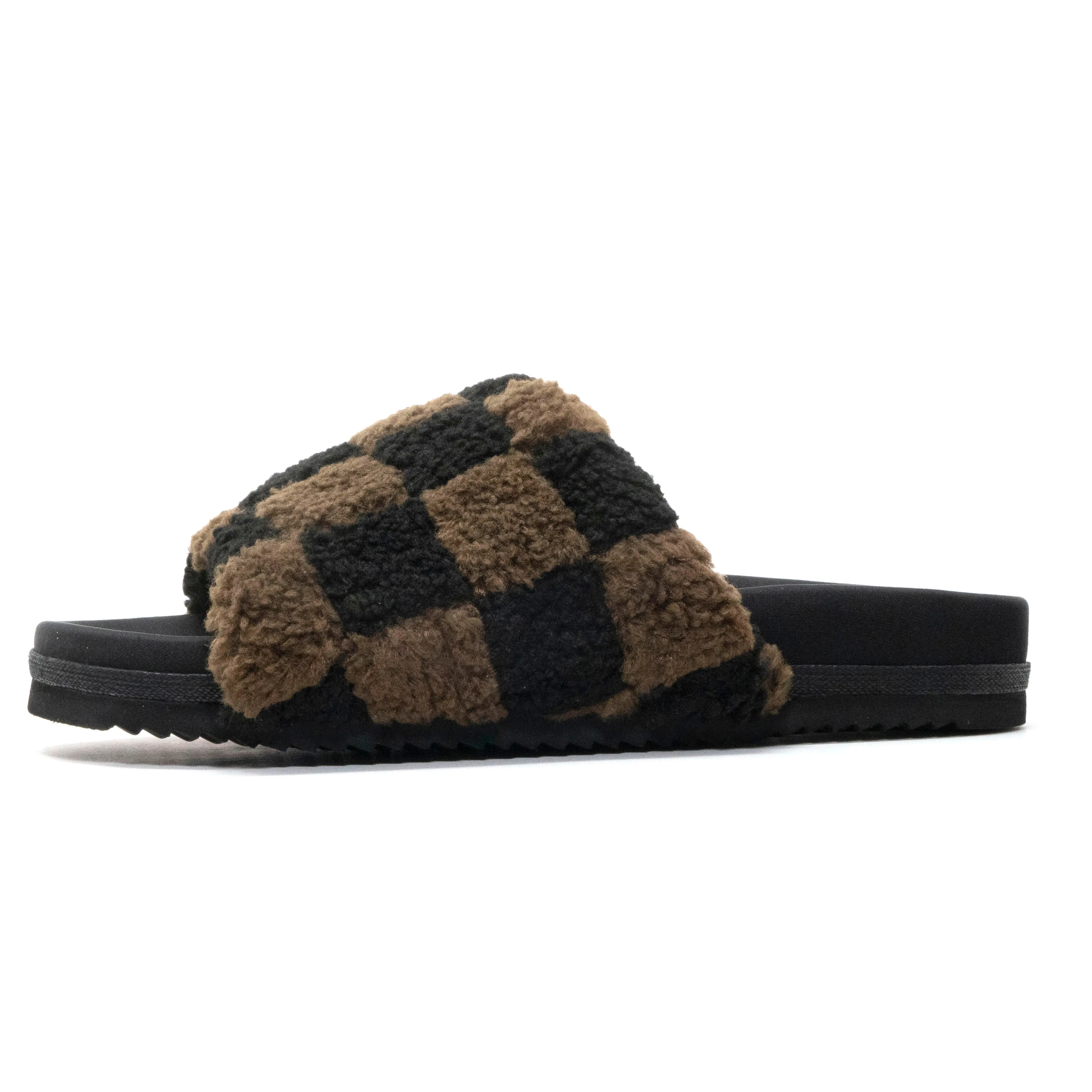 ROAM FUZZY CHECKER SLIDER BLACK & TAUPE FAUX SHEARLING