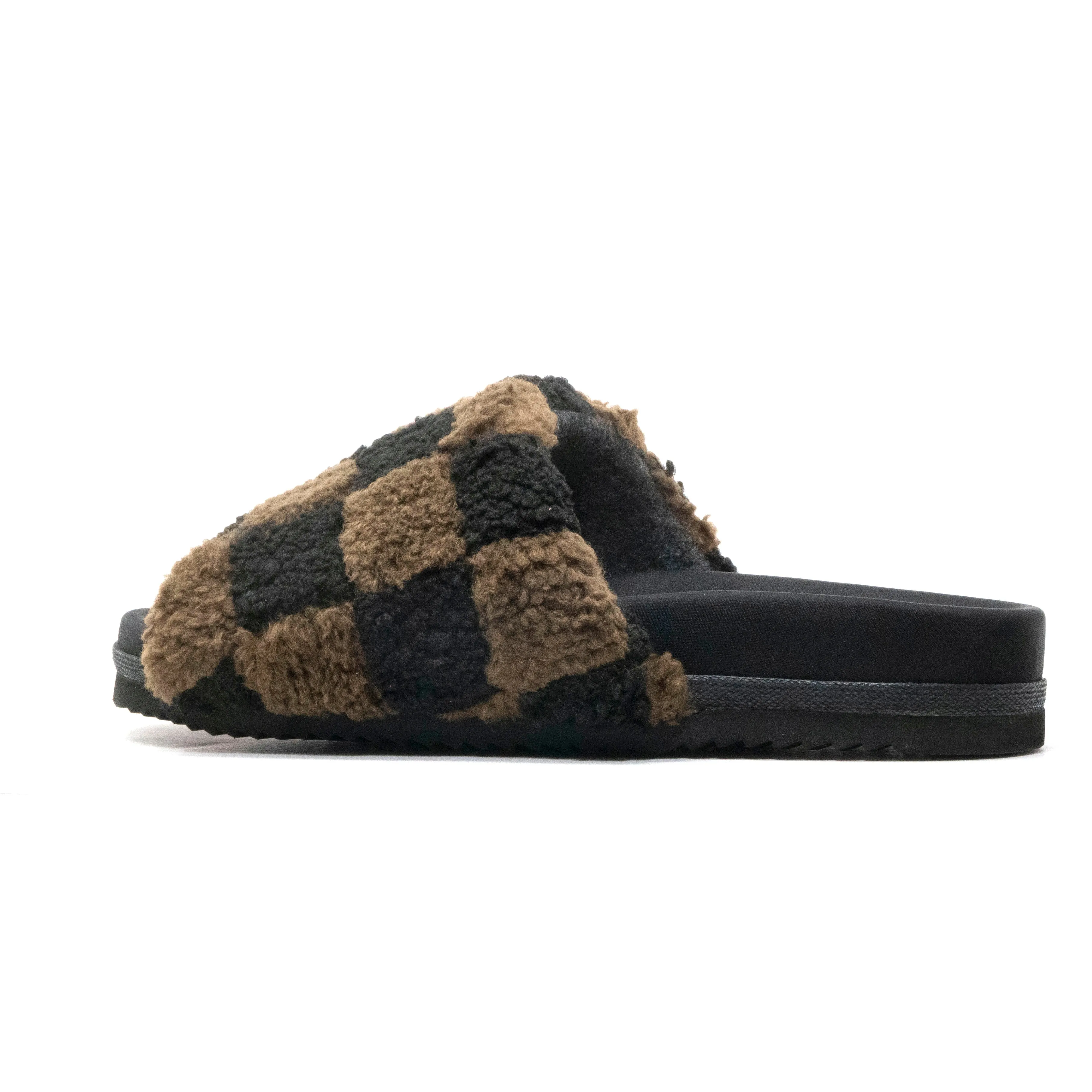 ROAM FUZZY CHECKER SLIDER BLACK & TAUPE FAUX SHEARLING