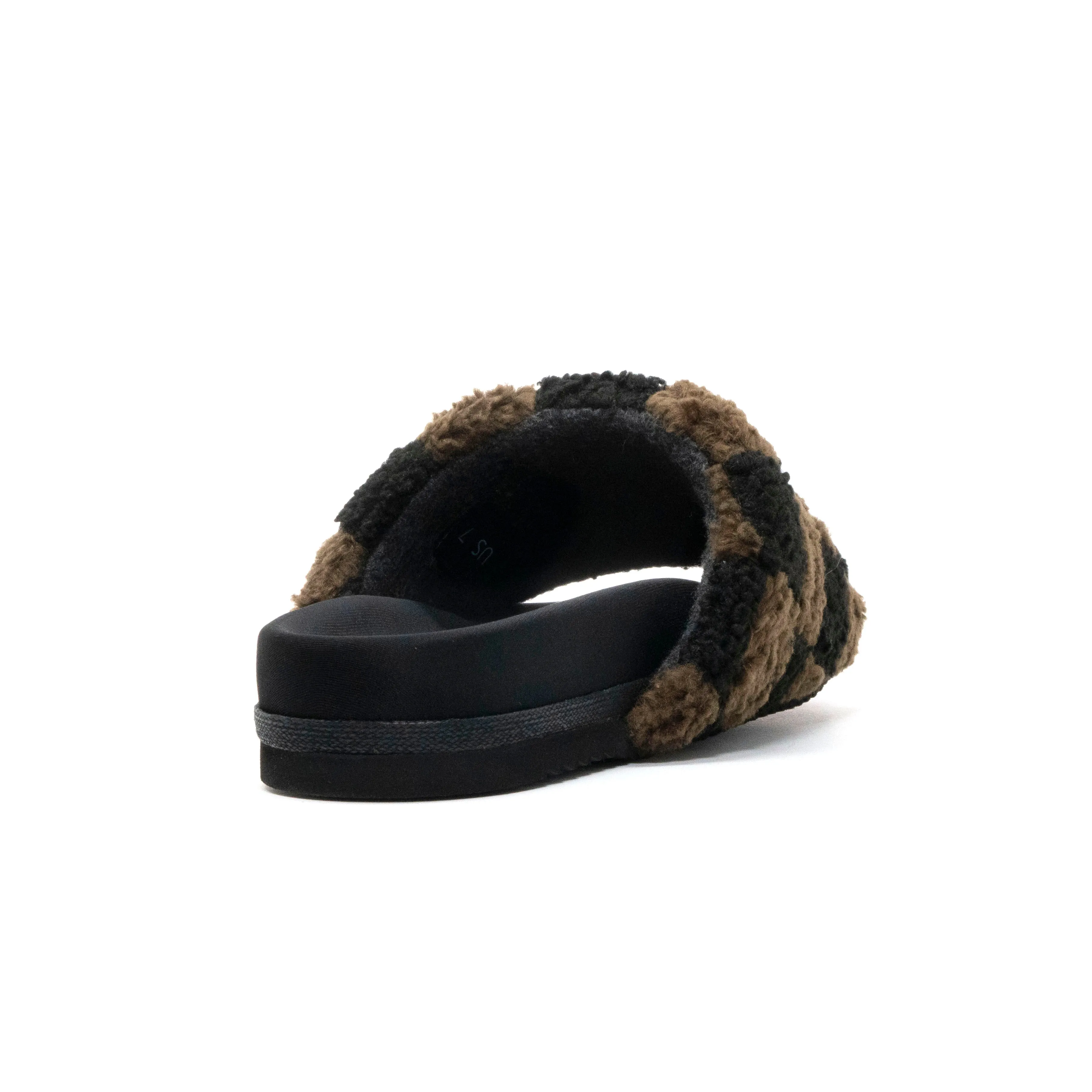 ROAM FUZZY CHECKER SLIDER BLACK & TAUPE FAUX SHEARLING
