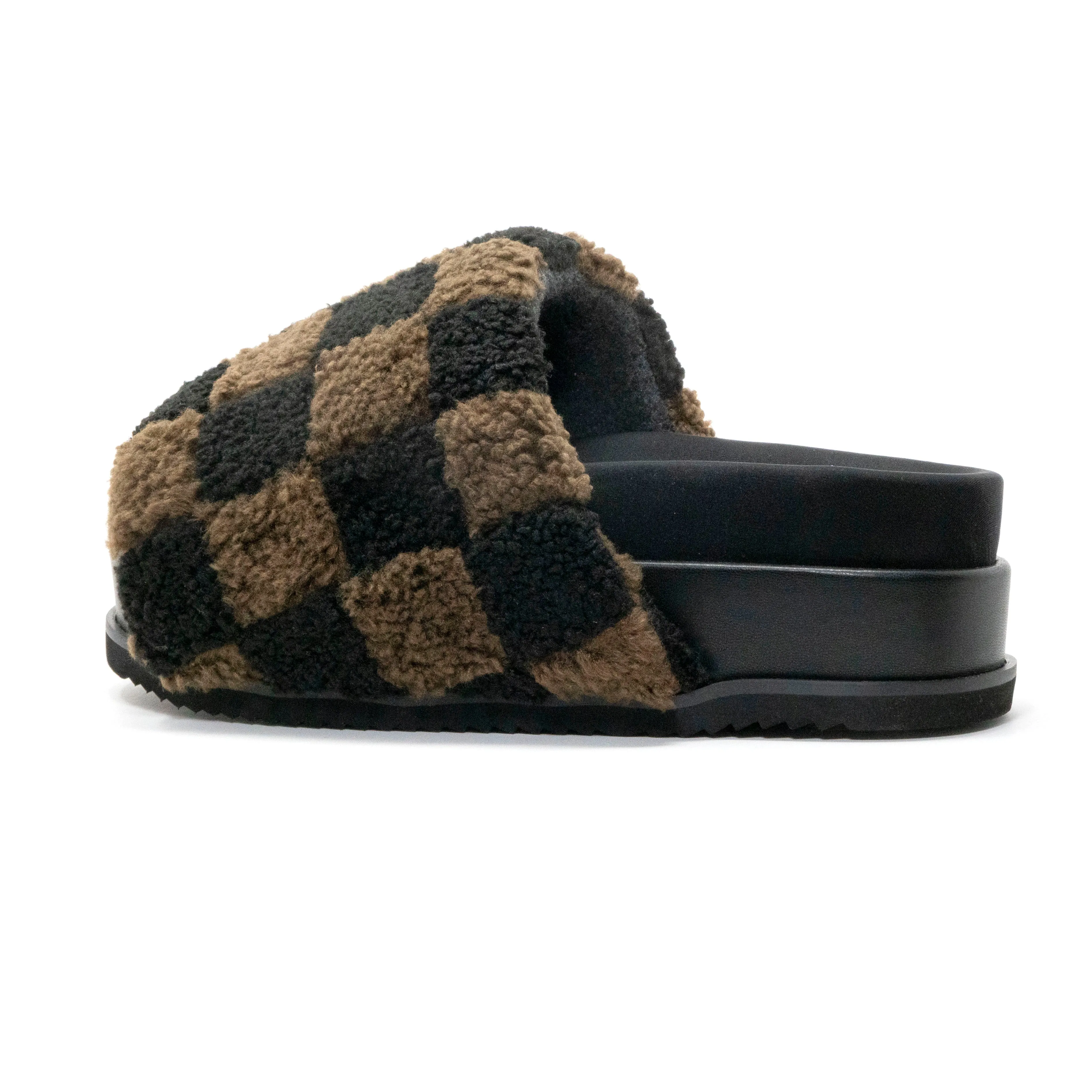 ROAM FUZZY CHECKER STACK PLATFORM BLACK & TAUPE FAUX SHEARLING