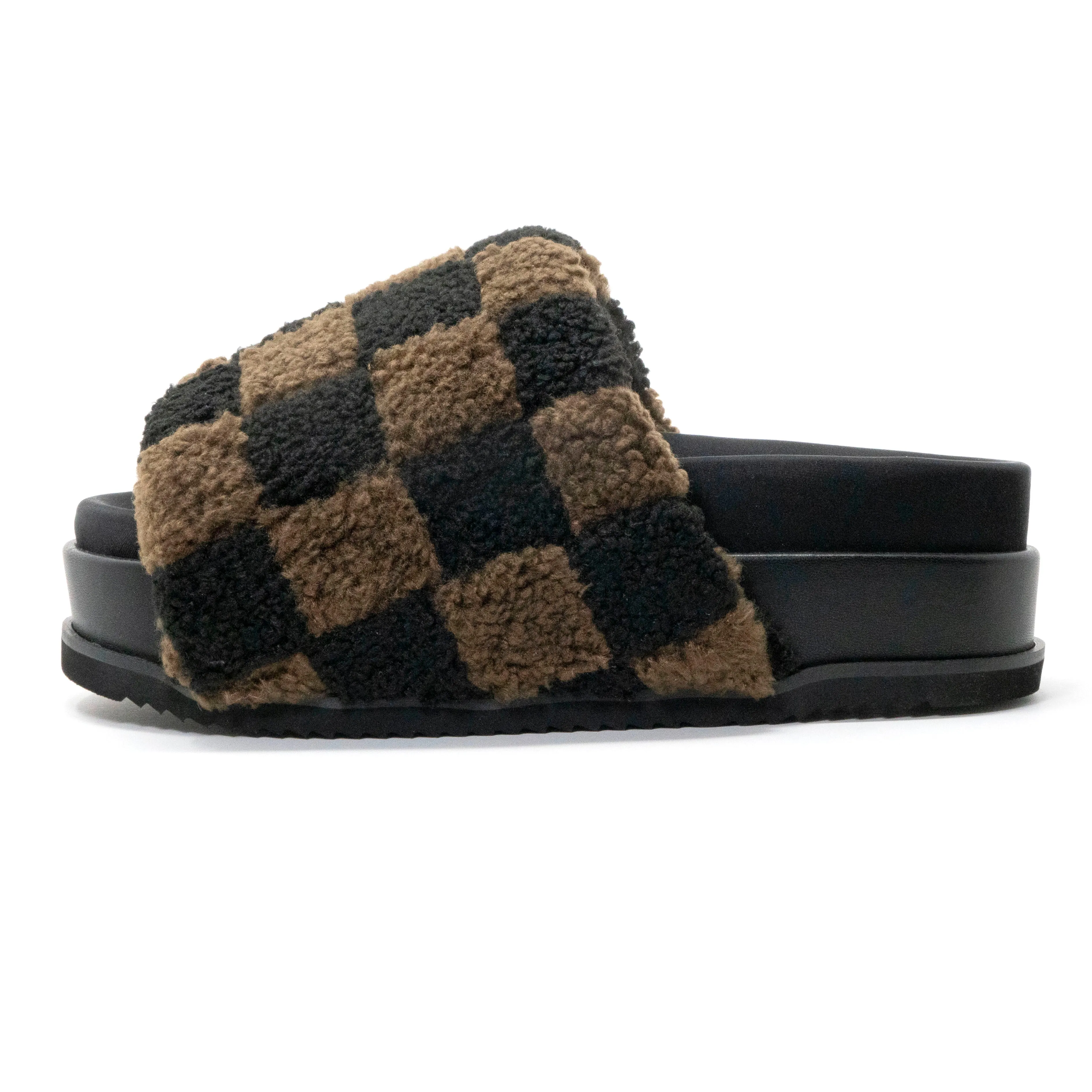 ROAM FUZZY CHECKER STACK PLATFORM BLACK & TAUPE FAUX SHEARLING