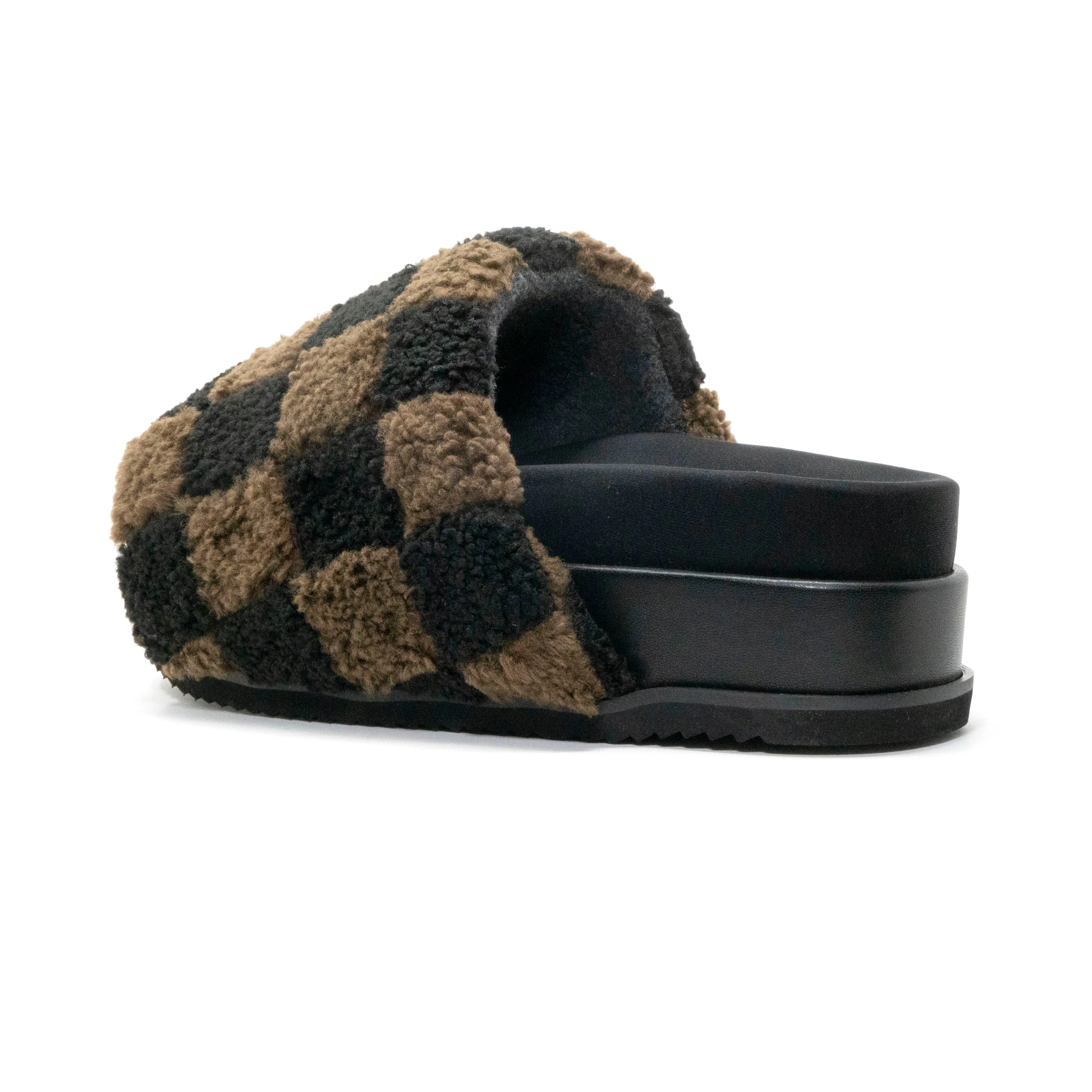 ROAM FUZZY CHECKER STACK PLATFORM BLACK & TAUPE FAUX SHEARLING