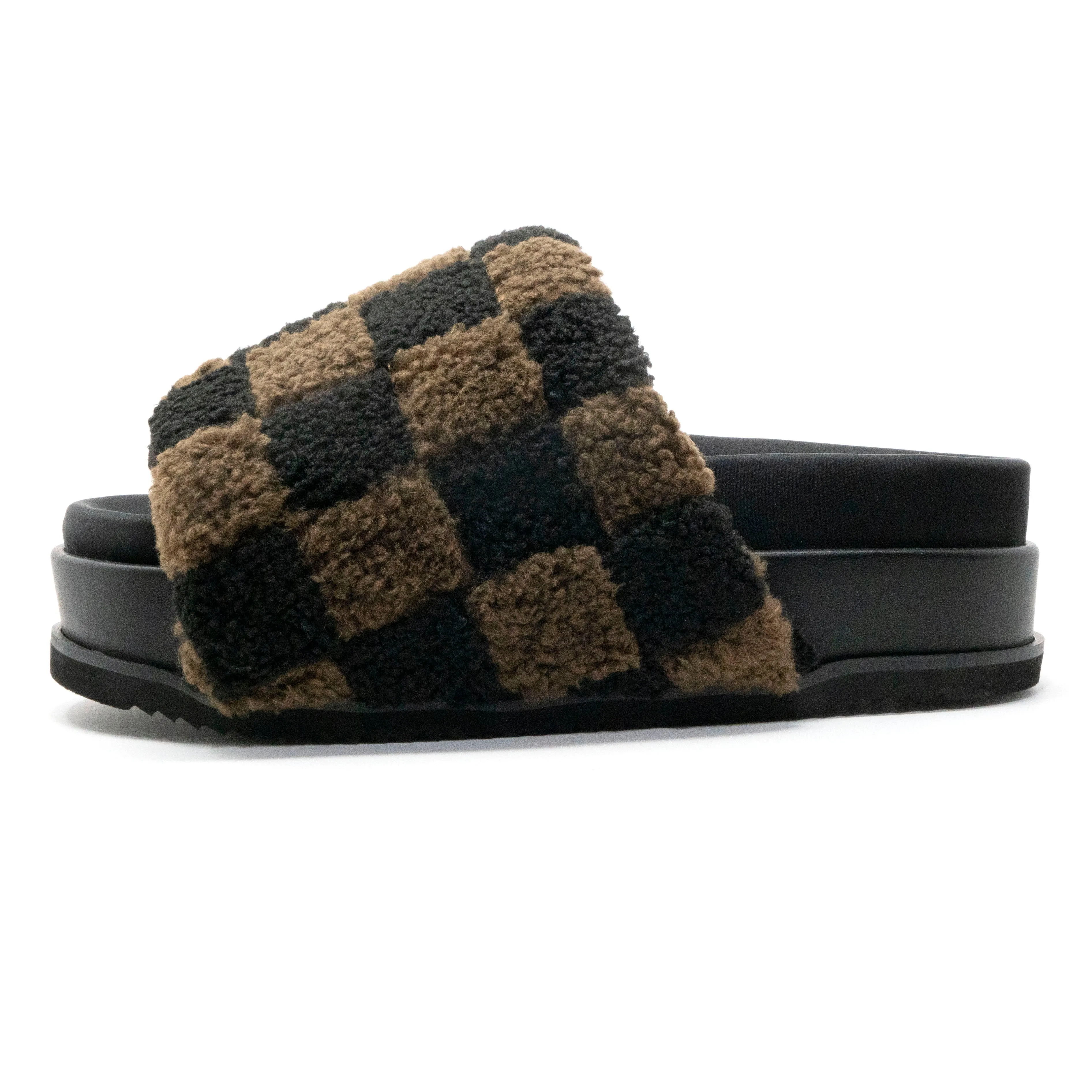 ROAM FUZZY CHECKER STACK PLATFORM BLACK & TAUPE FAUX SHEARLING