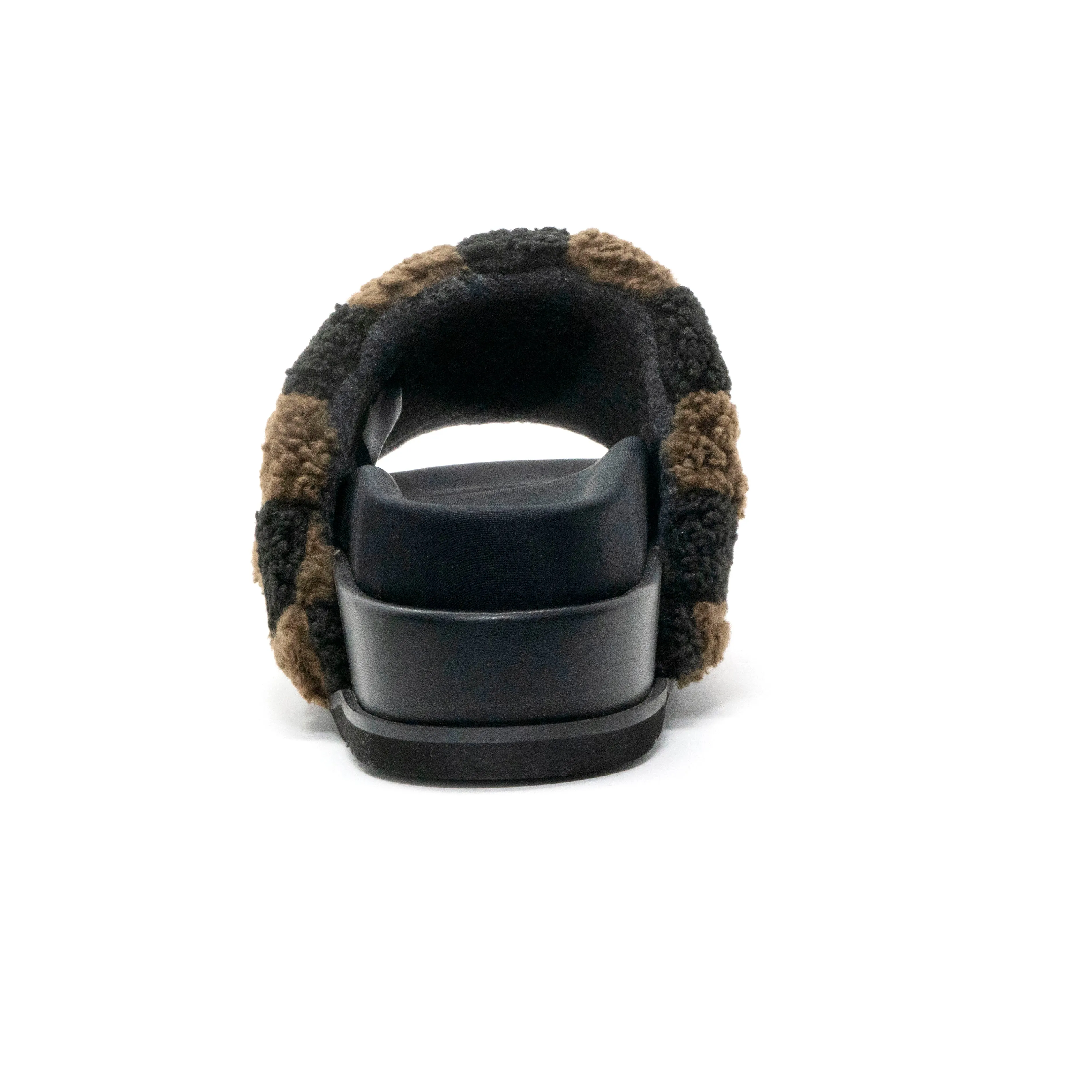 ROAM FUZZY CHECKER STACK PLATFORM BLACK & TAUPE FAUX SHEARLING