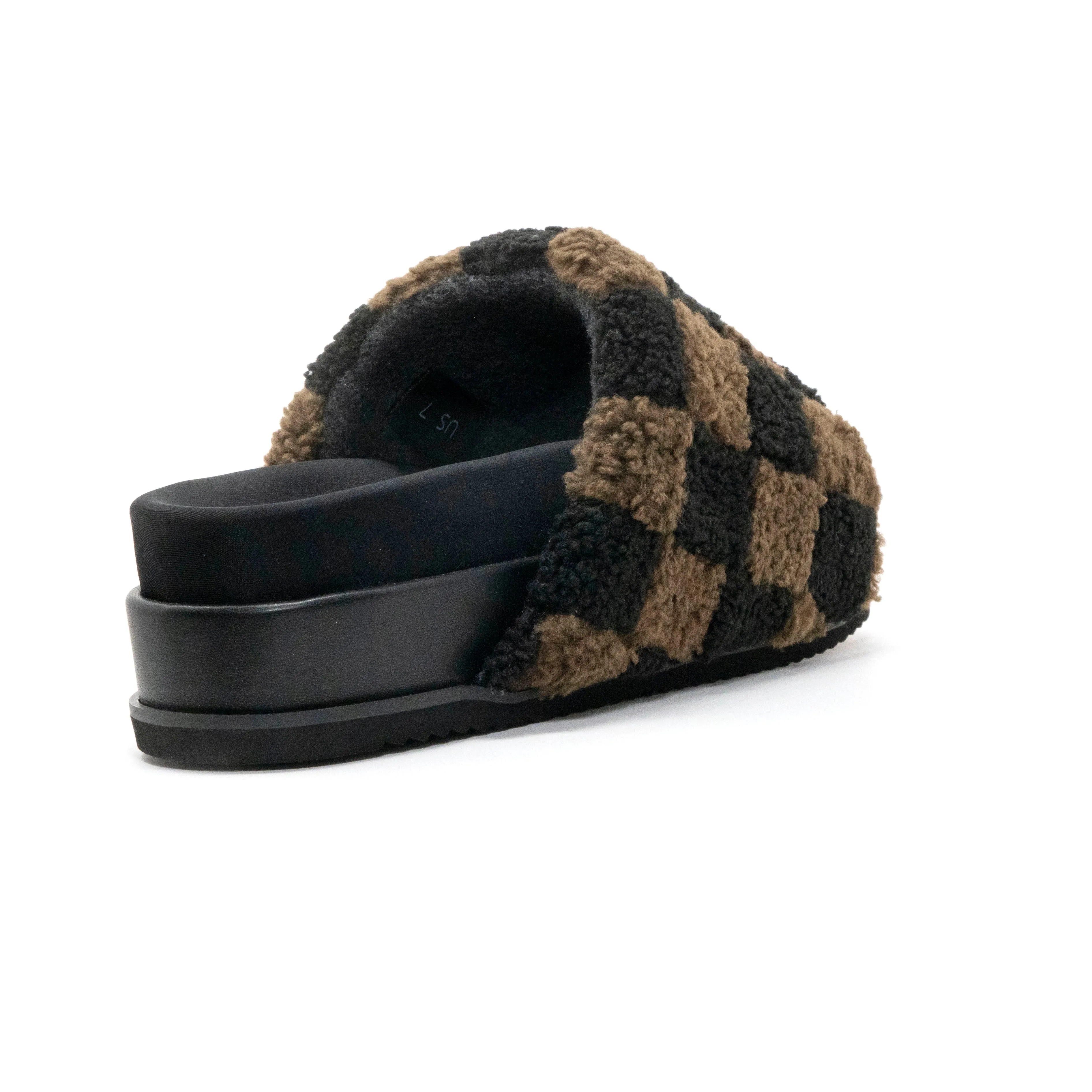ROAM FUZZY CHECKER STACK PLATFORM BLACK & TAUPE FAUX SHEARLING