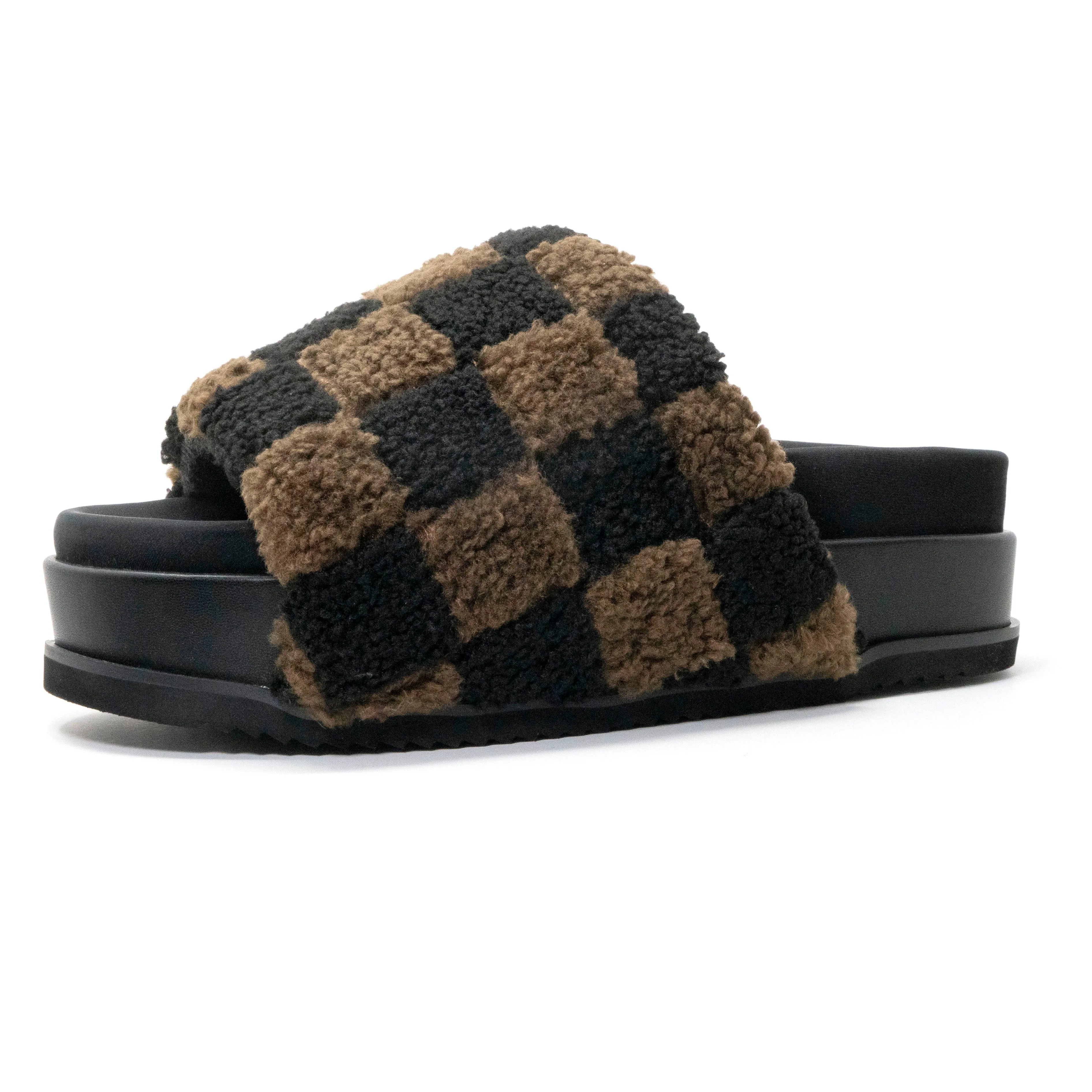 ROAM FUZZY CHECKER STACK PLATFORM BLACK & TAUPE FAUX SHEARLING