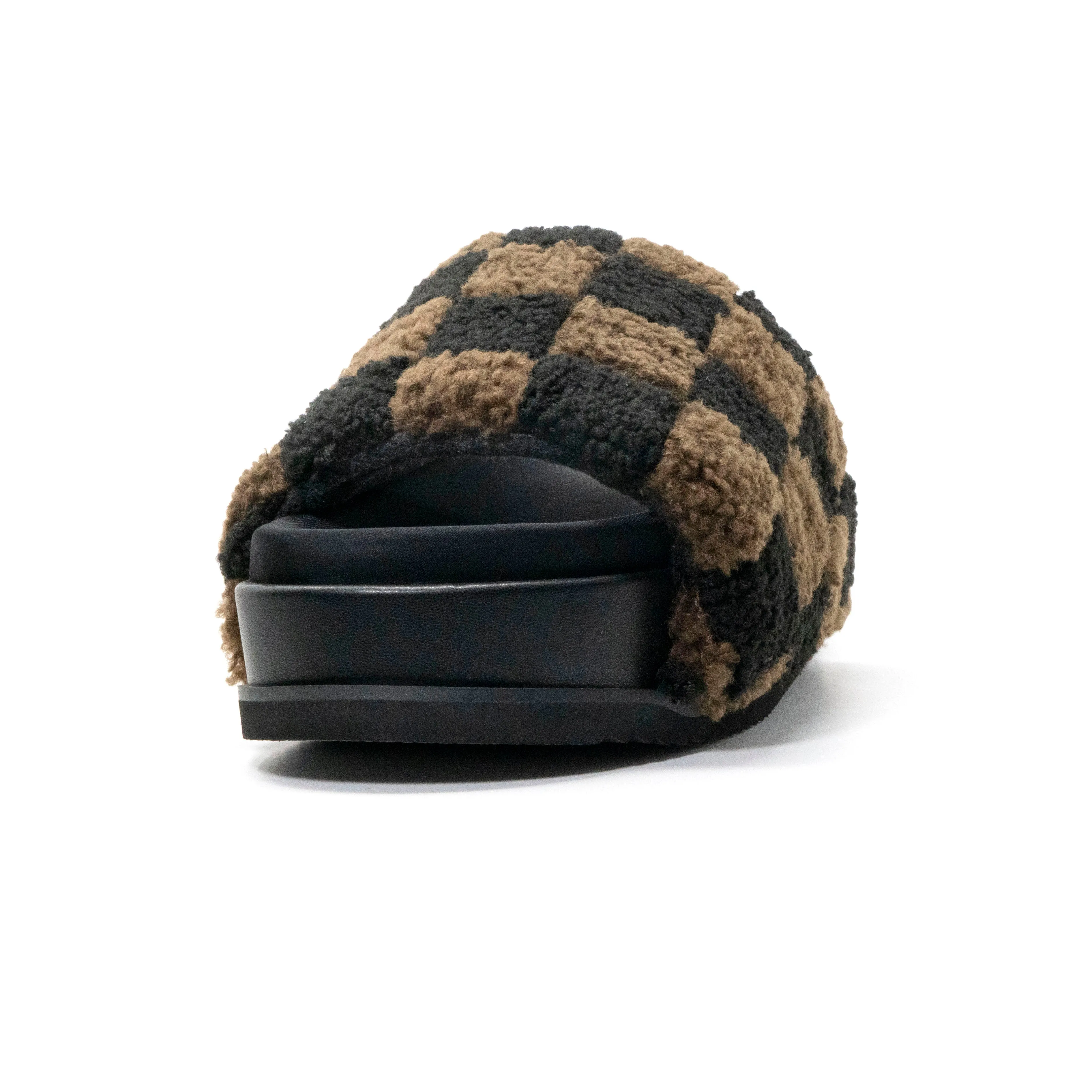 ROAM FUZZY CHECKER STACK PLATFORM BLACK & TAUPE FAUX SHEARLING