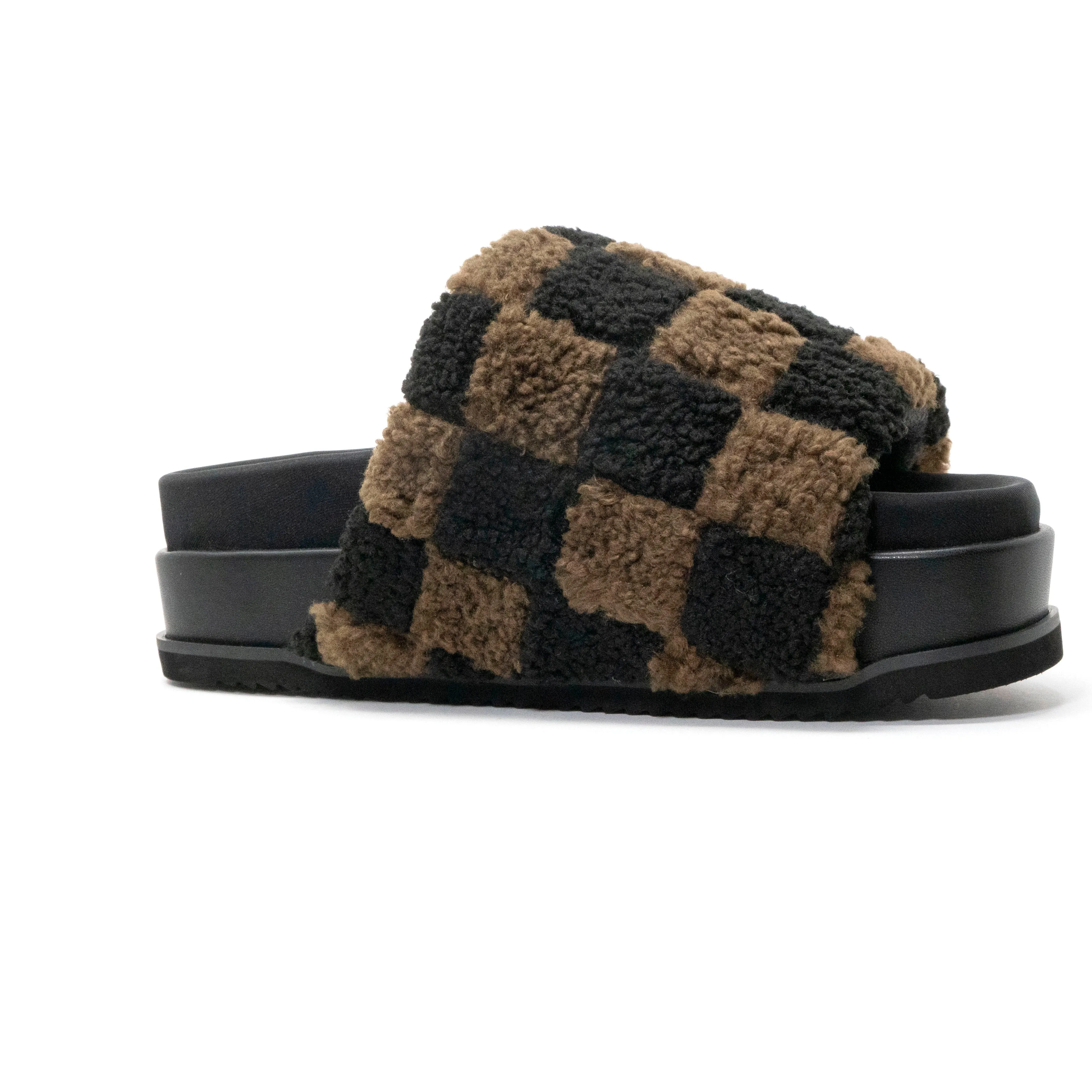 ROAM FUZZY CHECKER STACK PLATFORM BLACK & TAUPE FAUX SHEARLING