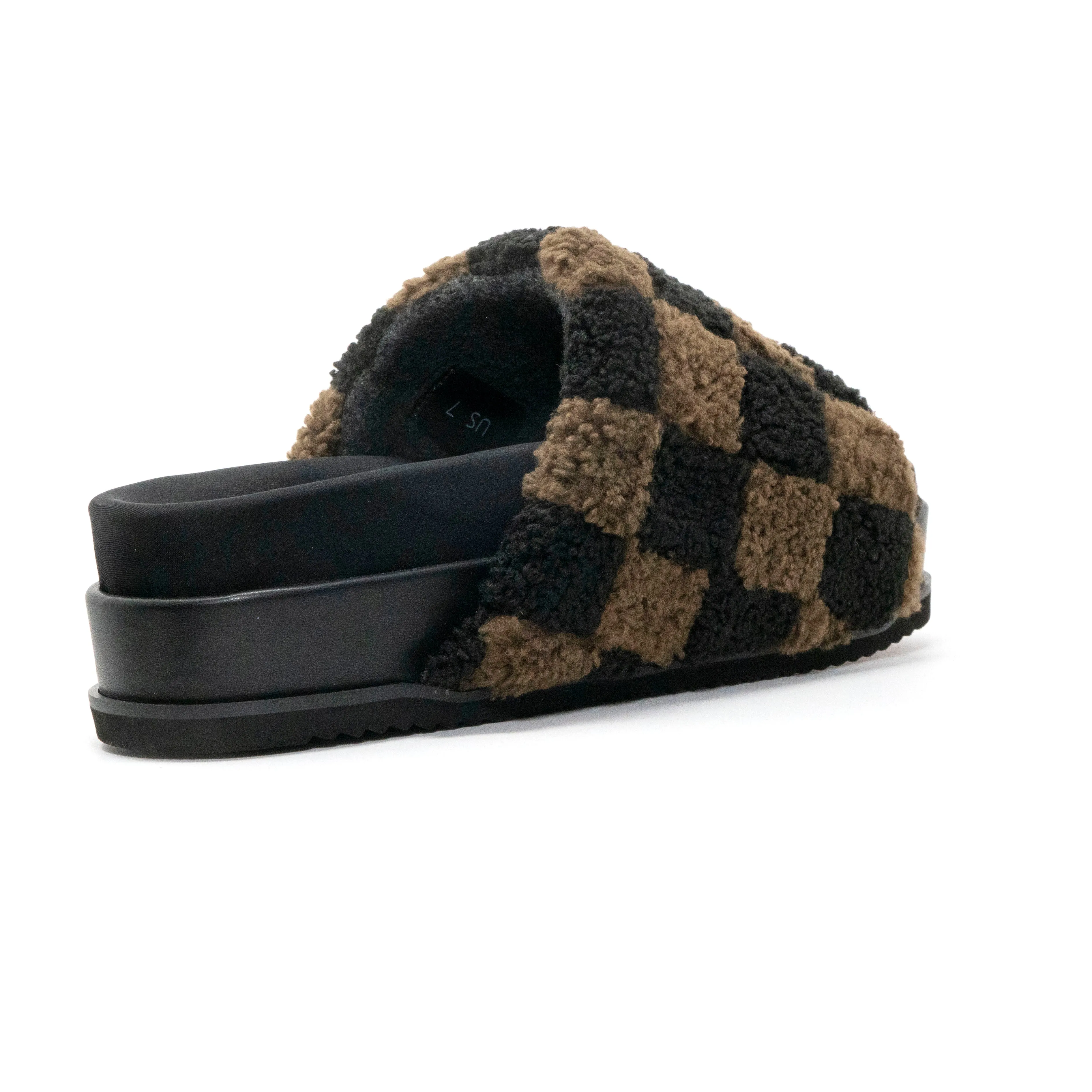 ROAM FUZZY CHECKER STACK PLATFORM BLACK & TAUPE FAUX SHEARLING