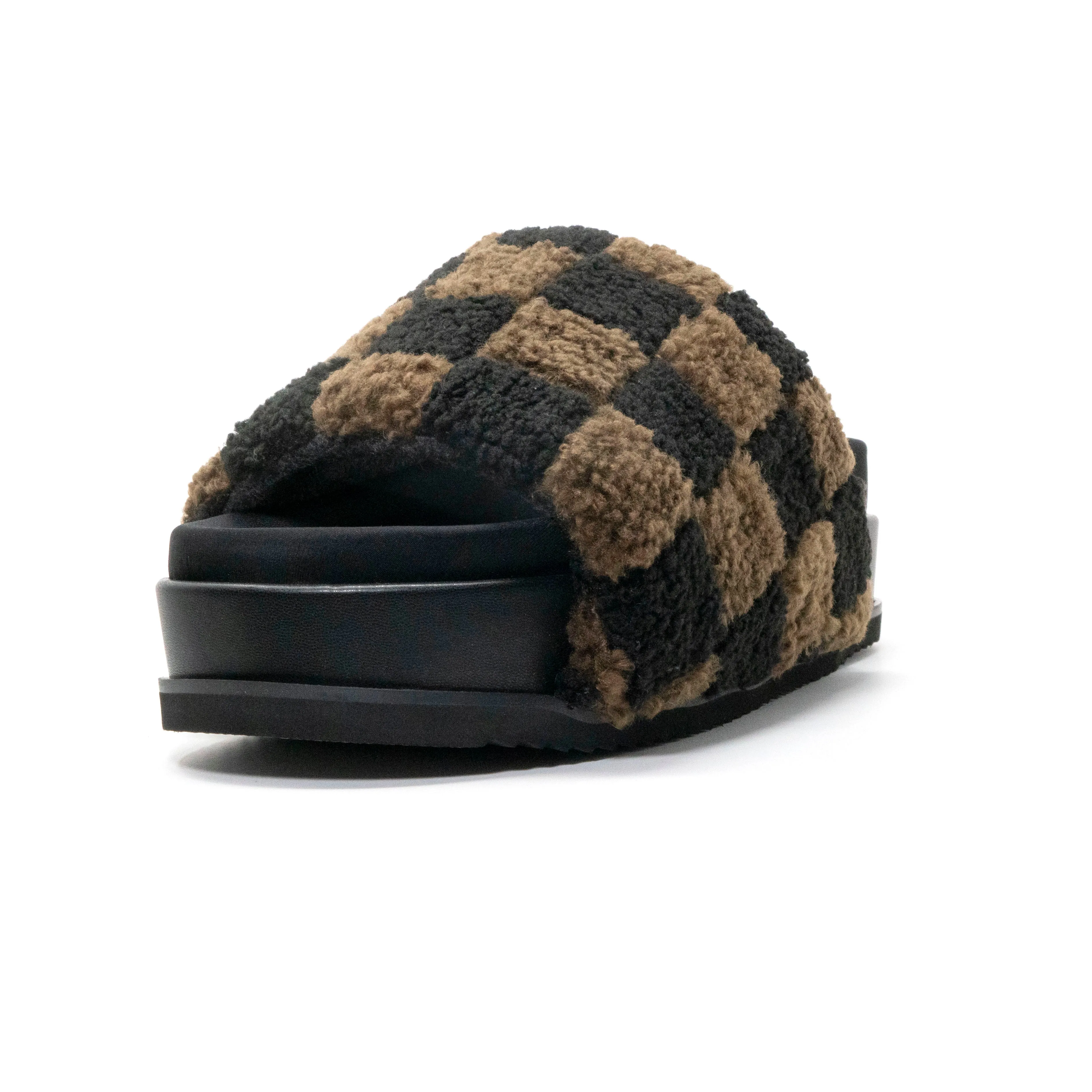 ROAM FUZZY CHECKER STACK PLATFORM BLACK & TAUPE FAUX SHEARLING