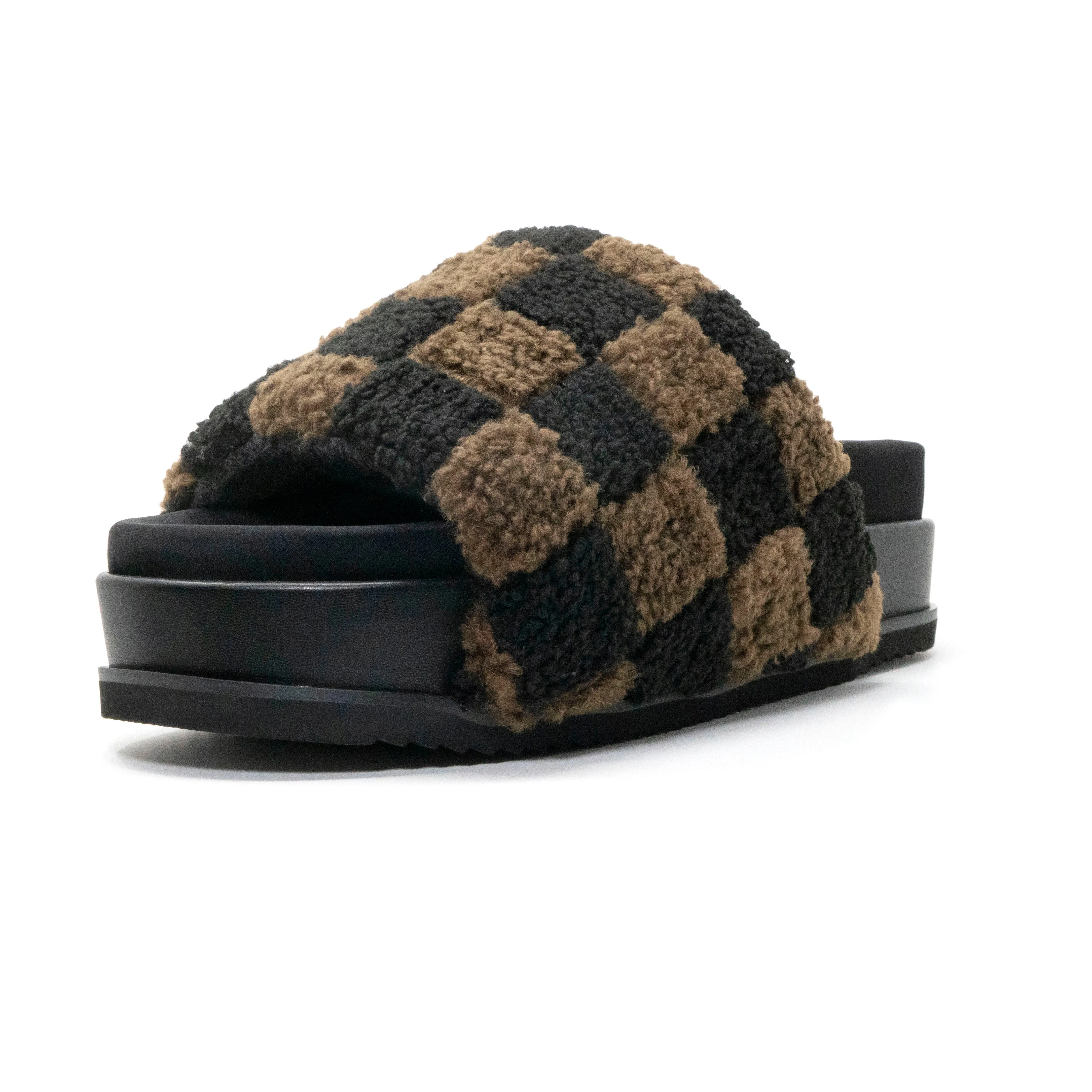 ROAM FUZZY CHECKER STACK PLATFORM BLACK & TAUPE FAUX SHEARLING