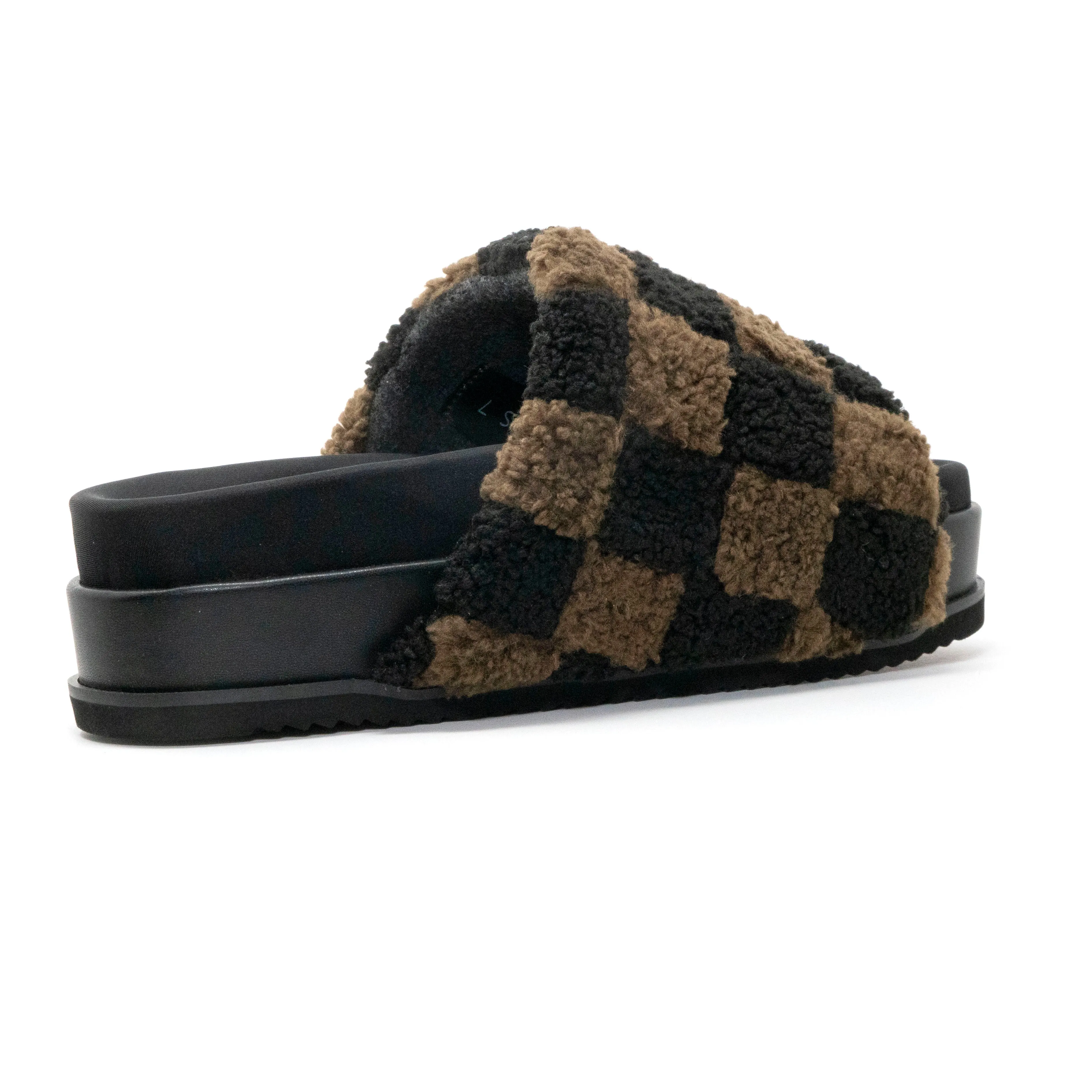 ROAM FUZZY CHECKER STACK PLATFORM BLACK & TAUPE FAUX SHEARLING
