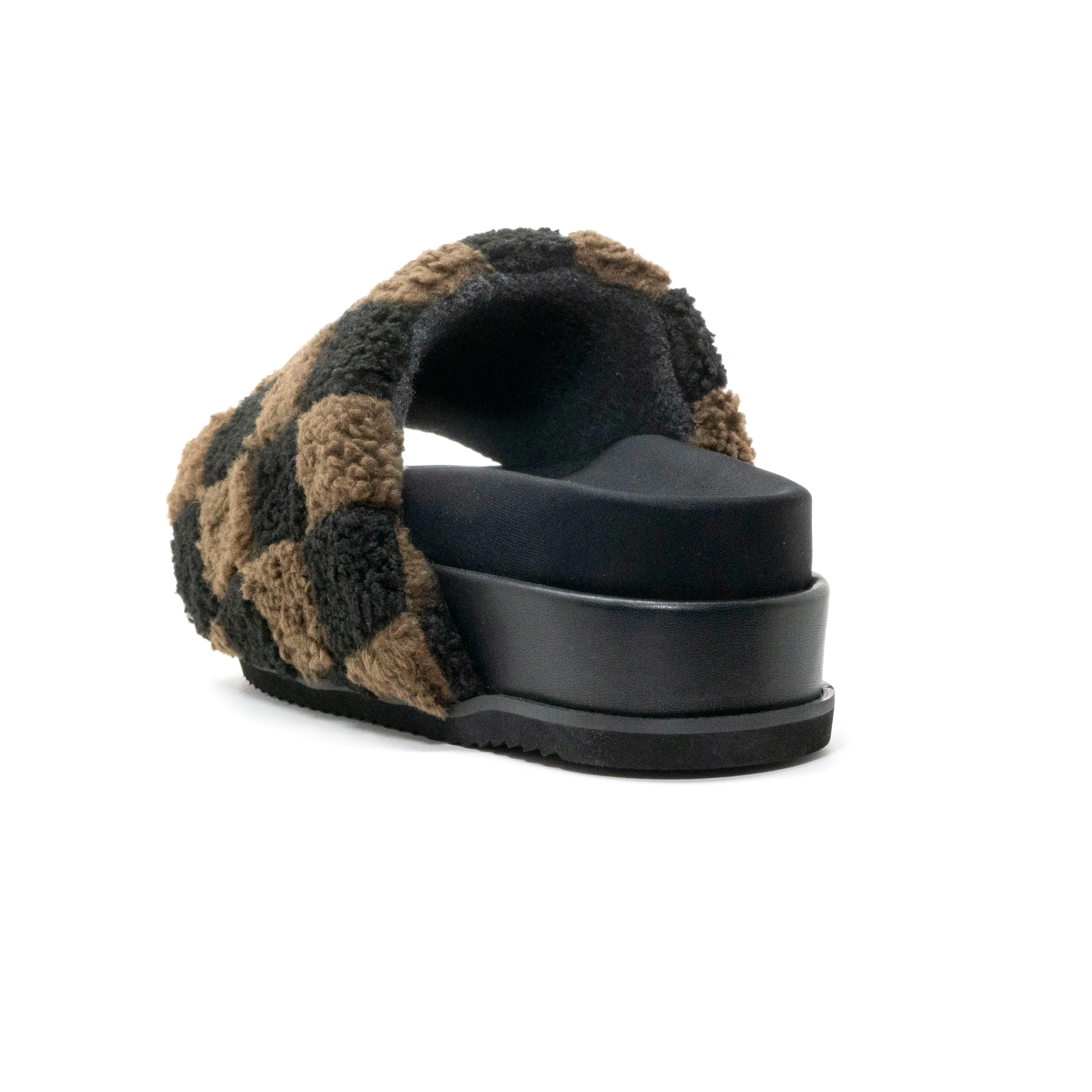 ROAM FUZZY CHECKER STACK PLATFORM BLACK & TAUPE FAUX SHEARLING