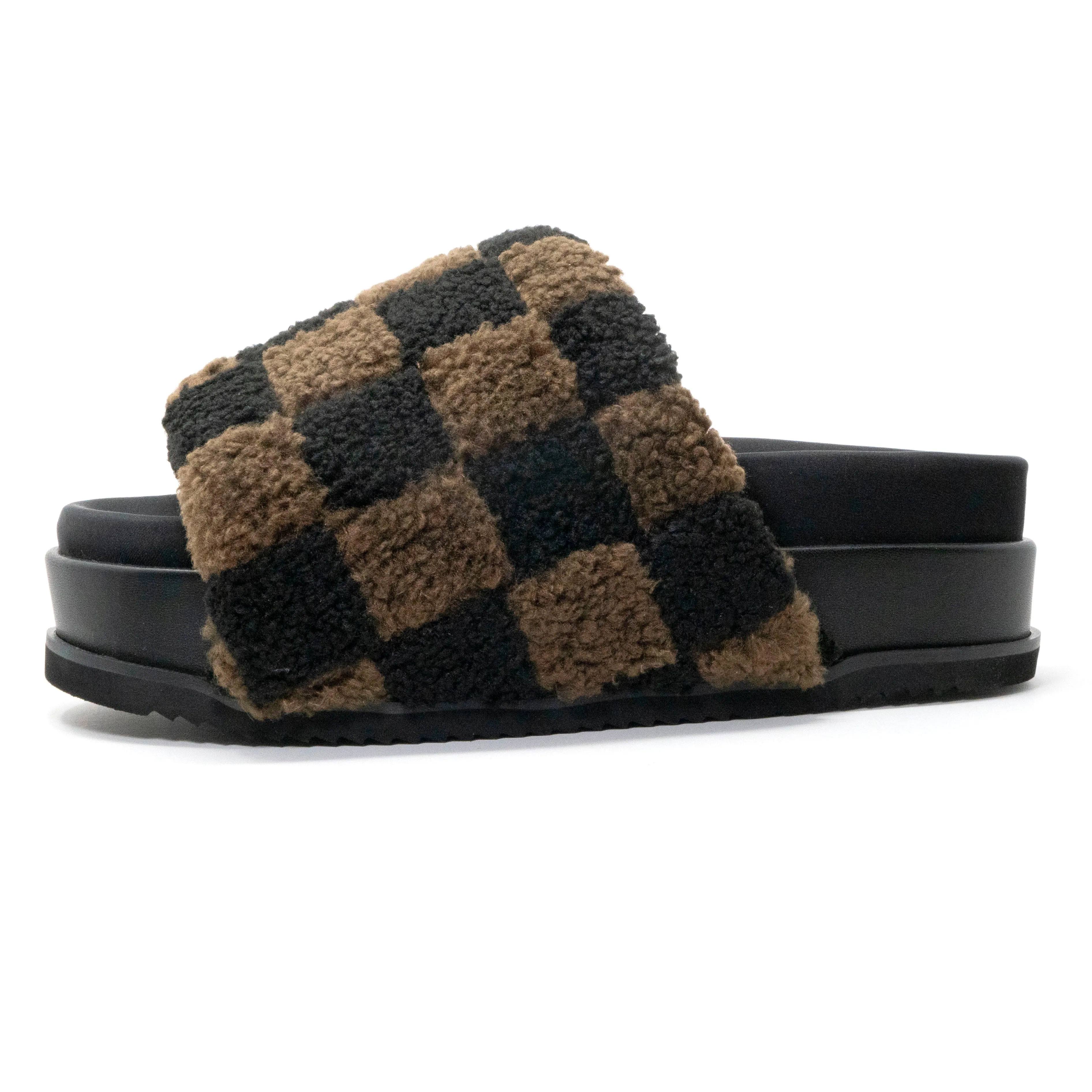 ROAM FUZZY CHECKER STACK PLATFORM BLACK & TAUPE FAUX SHEARLING