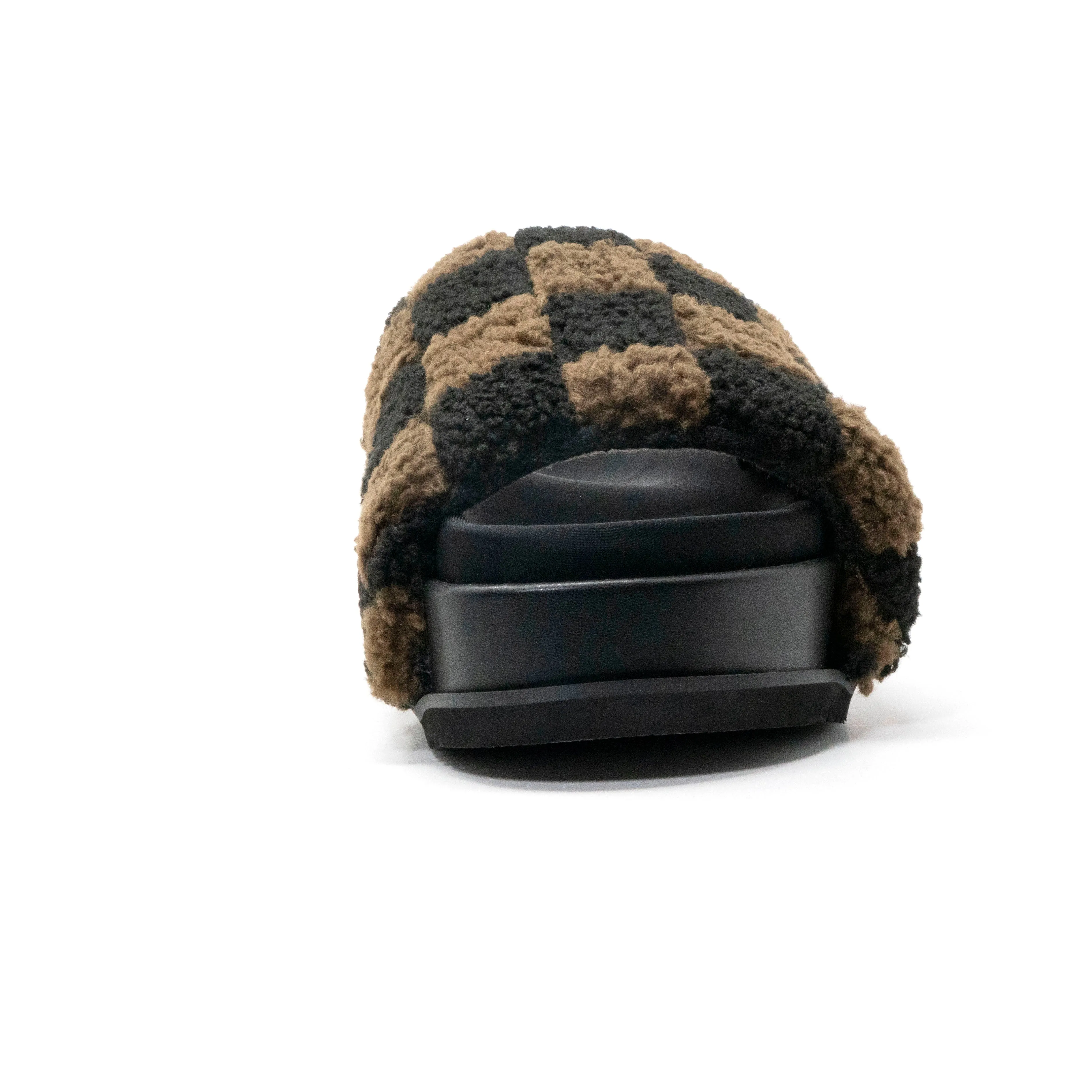 ROAM FUZZY CHECKER STACK PLATFORM BLACK & TAUPE FAUX SHEARLING