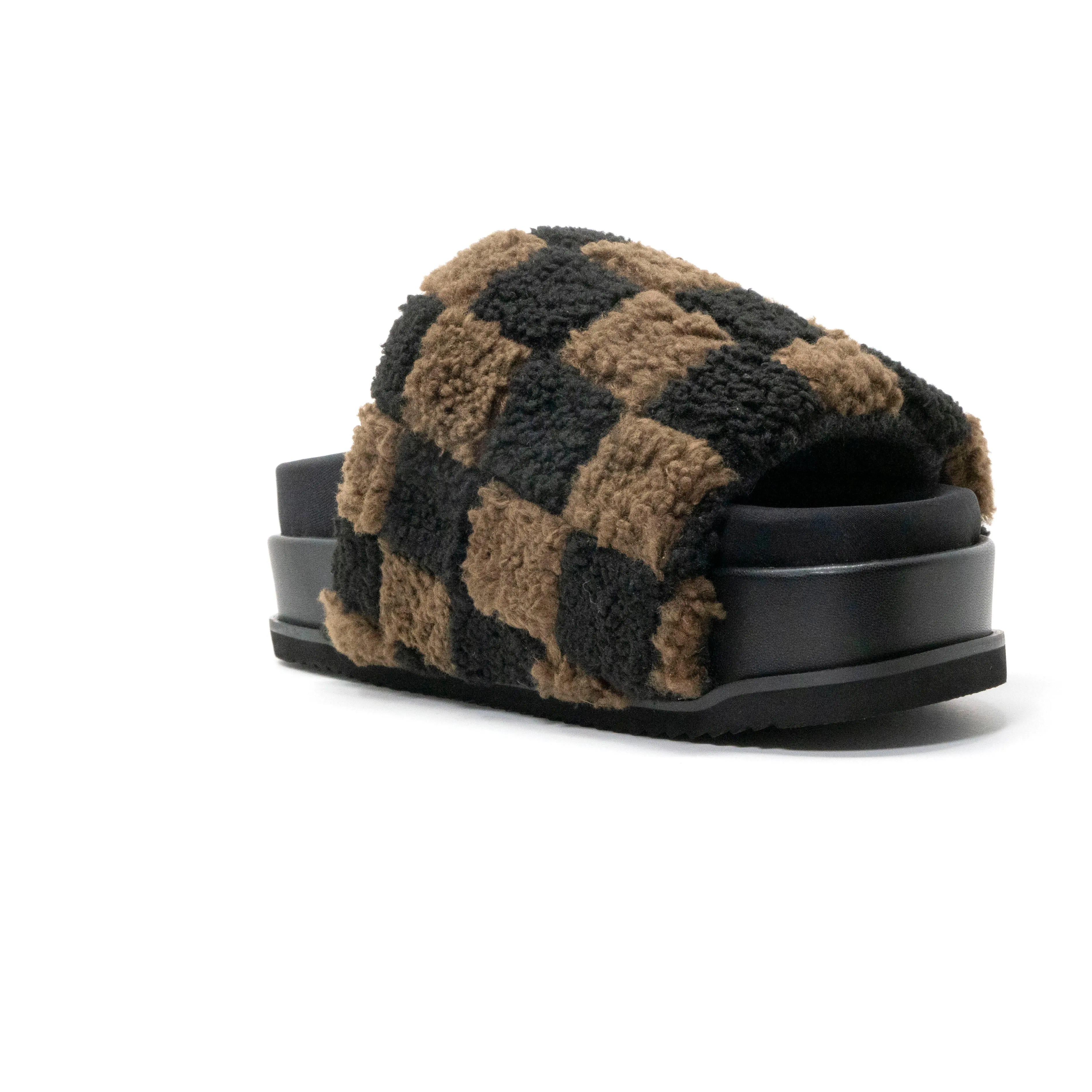 ROAM FUZZY CHECKER STACK PLATFORM BLACK & TAUPE FAUX SHEARLING