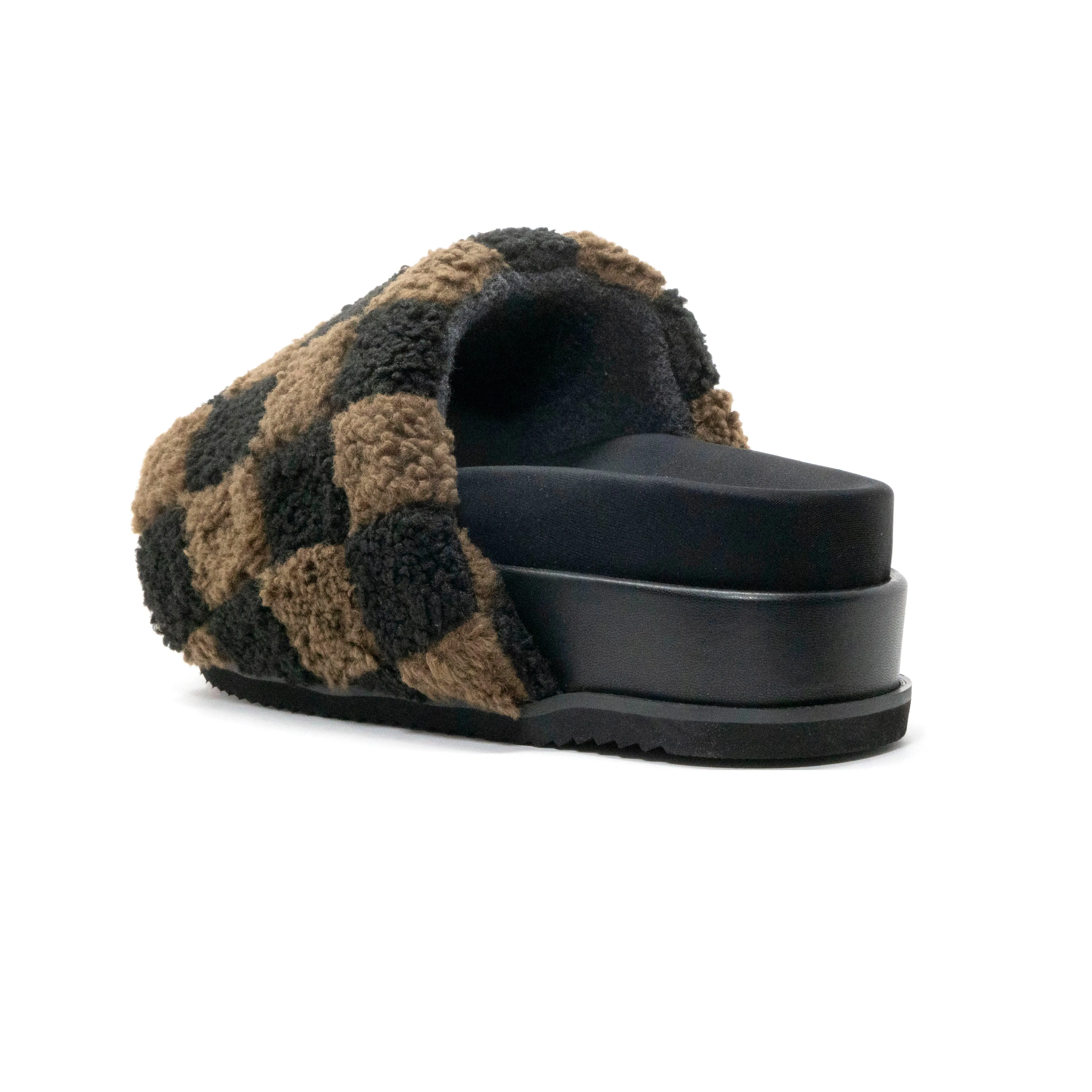 ROAM FUZZY CHECKER STACK PLATFORM BLACK & TAUPE FAUX SHEARLING