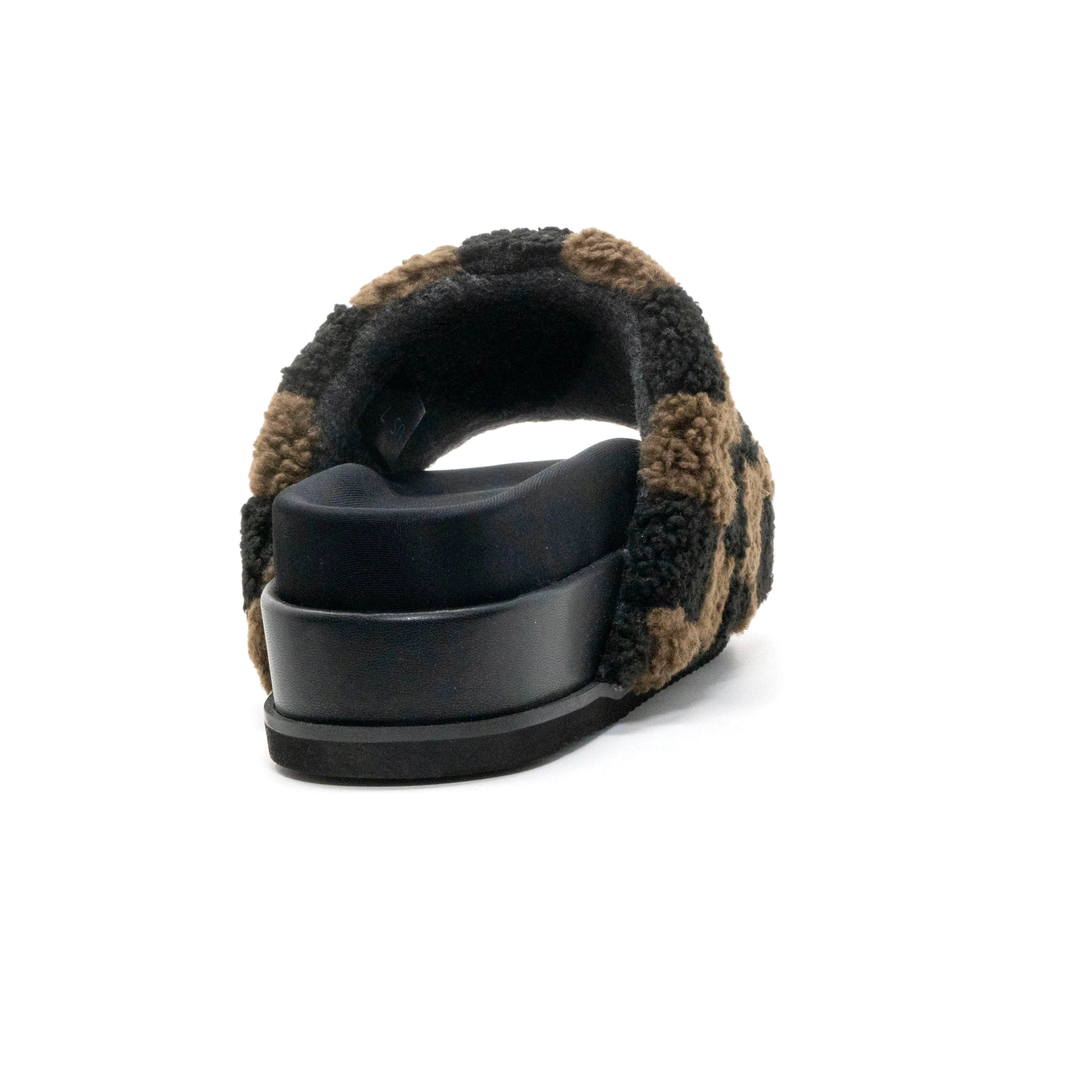 ROAM FUZZY CHECKER STACK PLATFORM BLACK & TAUPE FAUX SHEARLING