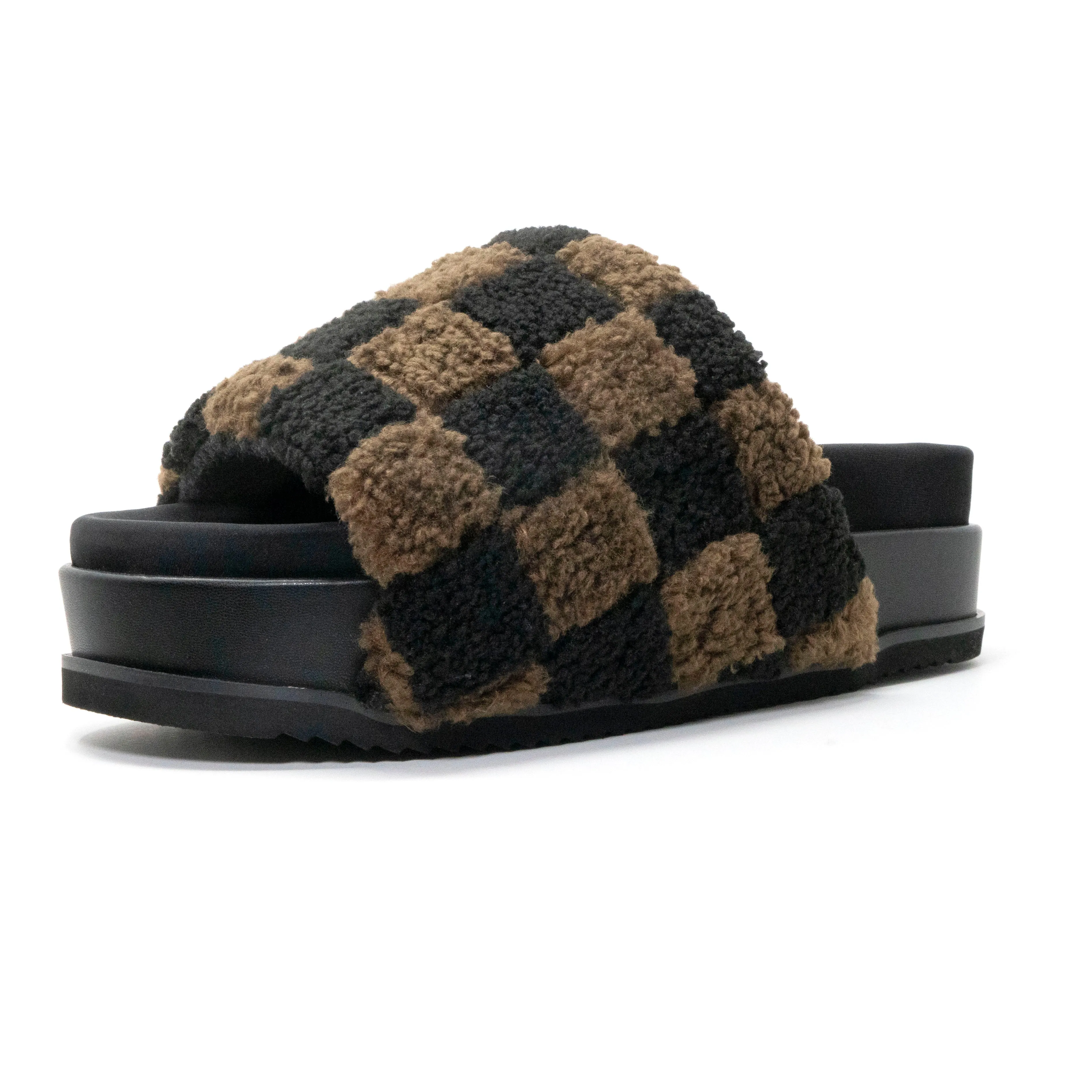 ROAM FUZZY CHECKER STACK PLATFORM BLACK & TAUPE FAUX SHEARLING