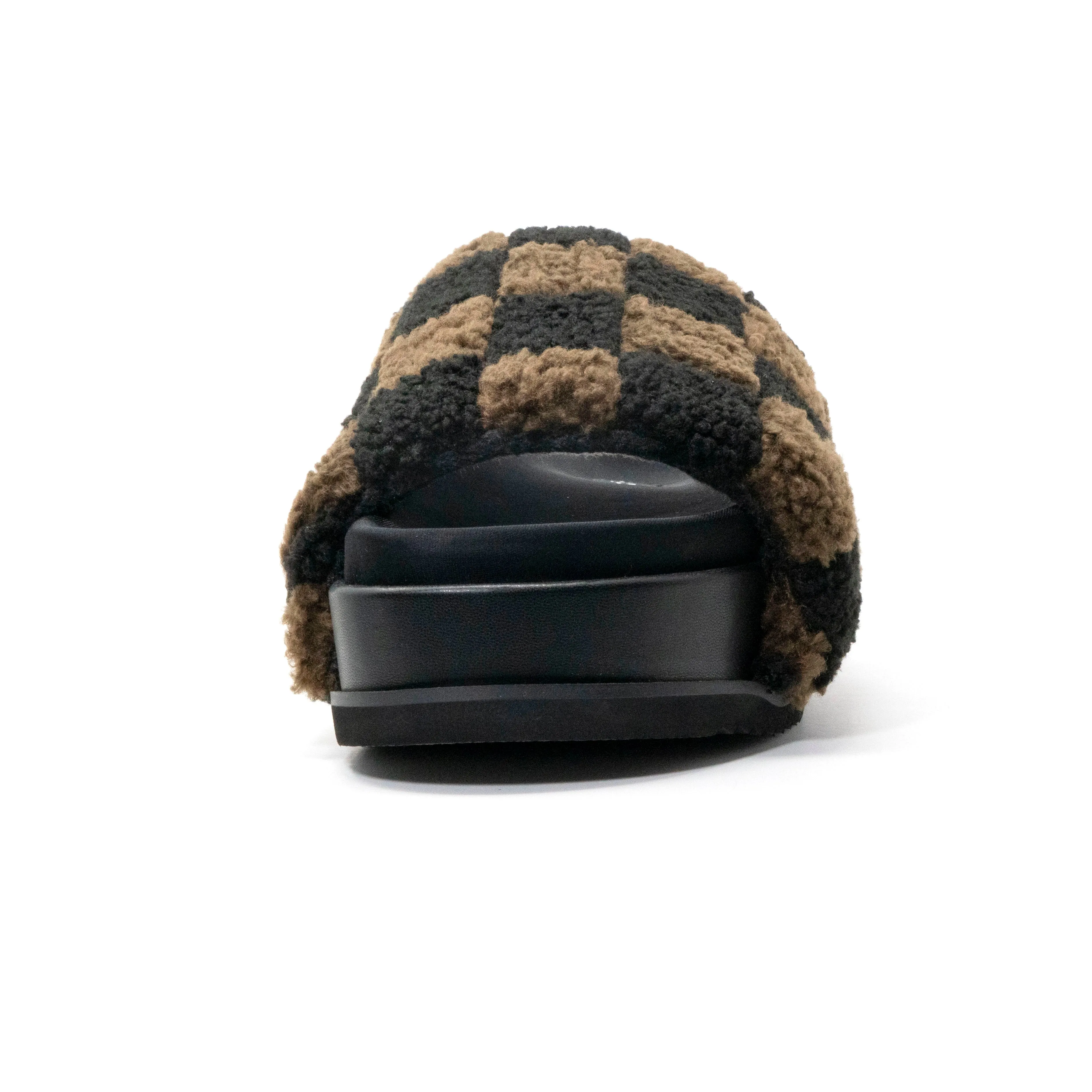 ROAM FUZZY CHECKER STACK PLATFORM BLACK & TAUPE FAUX SHEARLING
