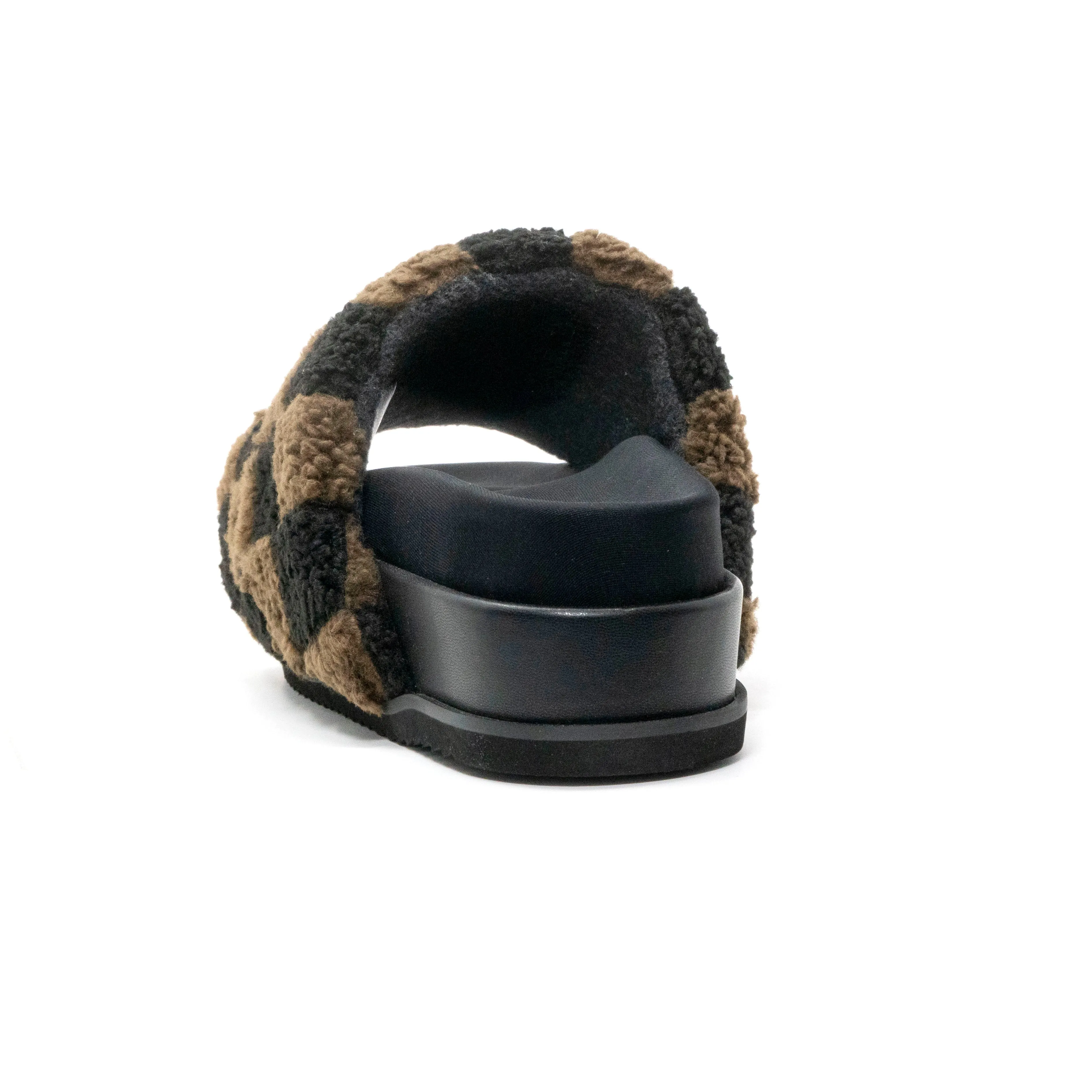 ROAM FUZZY CHECKER STACK PLATFORM BLACK & TAUPE FAUX SHEARLING