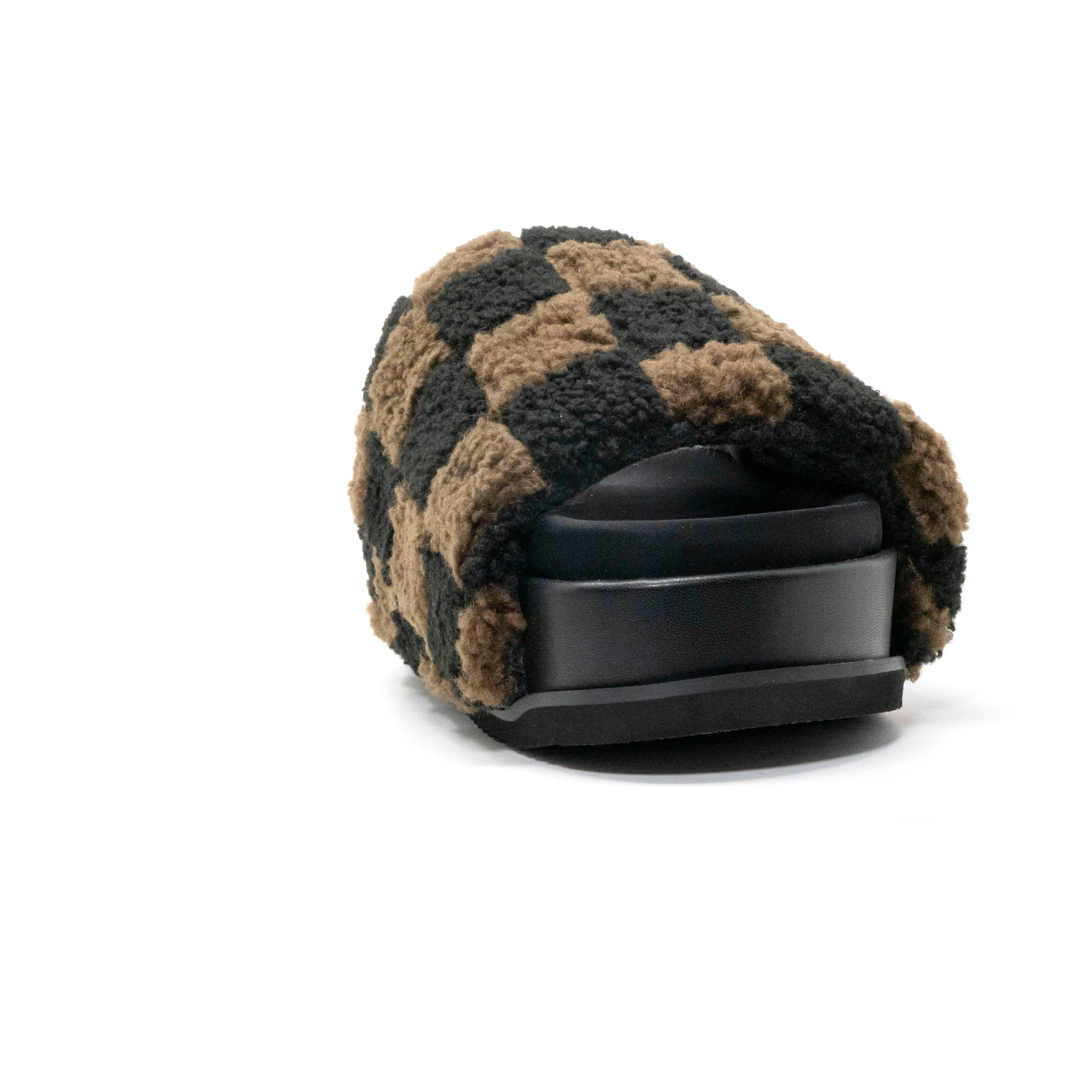 ROAM FUZZY CHECKER STACK PLATFORM BLACK & TAUPE FAUX SHEARLING