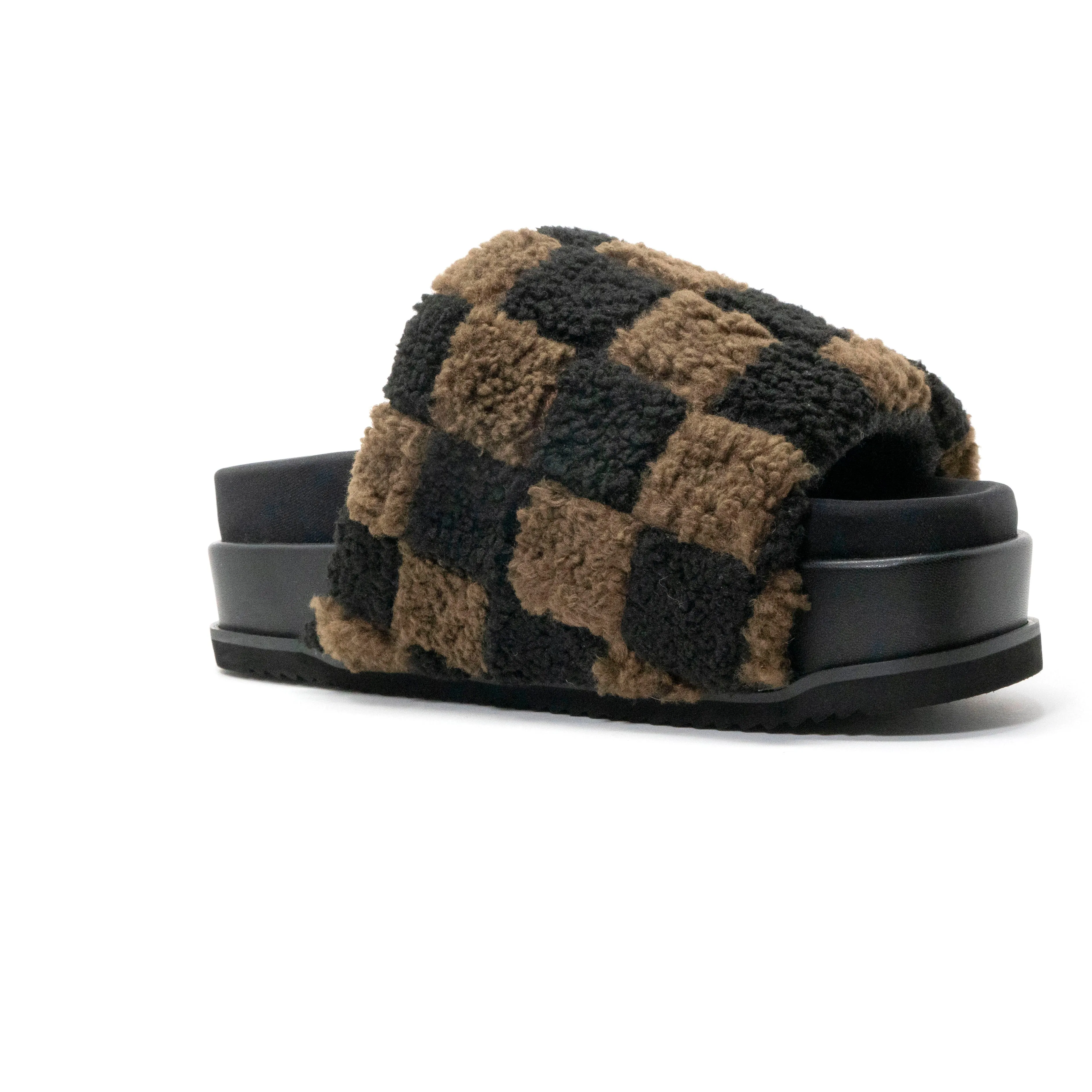 ROAM FUZZY CHECKER STACK PLATFORM BLACK & TAUPE FAUX SHEARLING