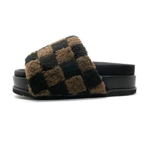 ROAM FUZZY CHECKER STACK PLATFORM BLACK & TAUPE FAUX SHEARLING